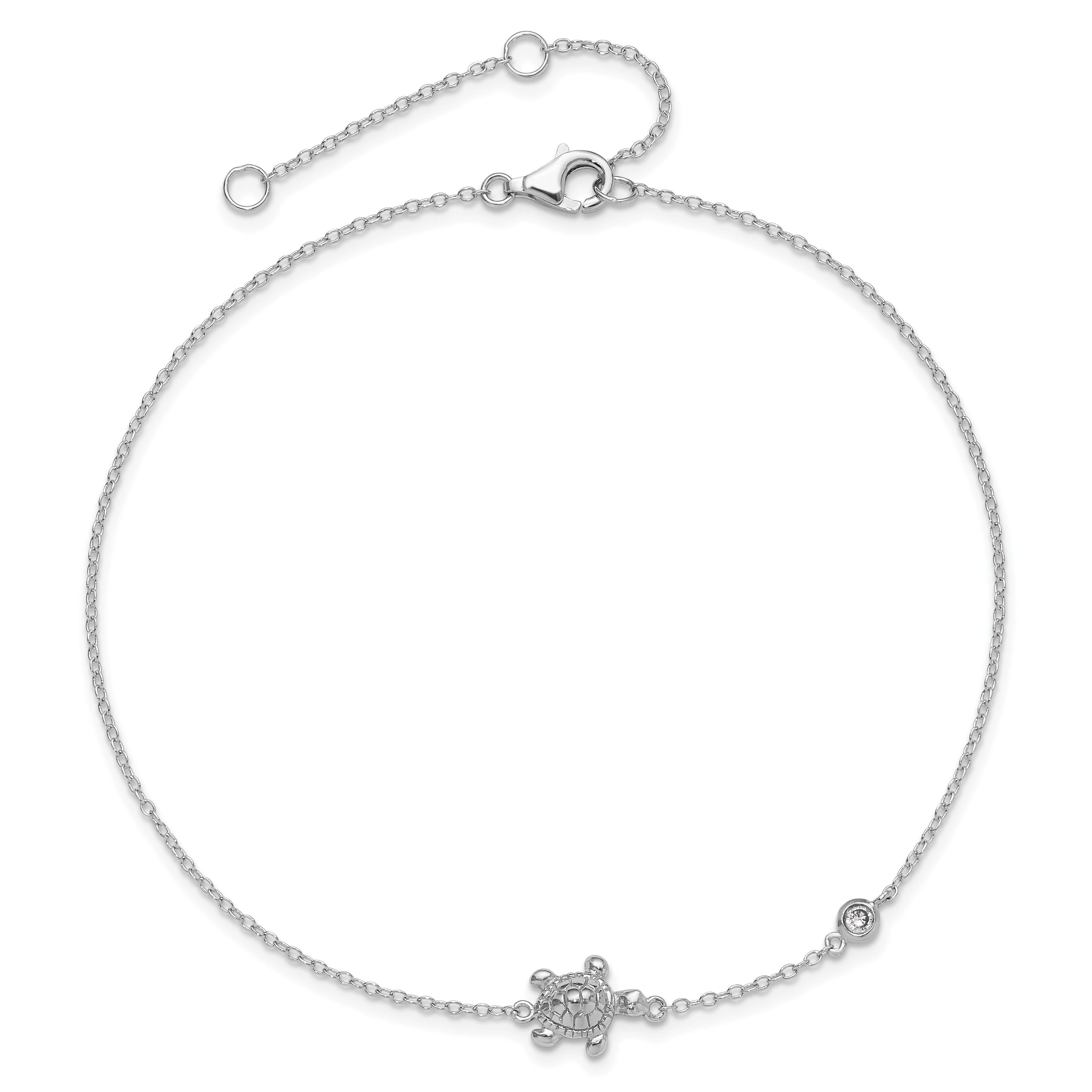 Sterling Silver Rhodium-plated CZ Turtle 9 inch with a 2 inch extention Anklet