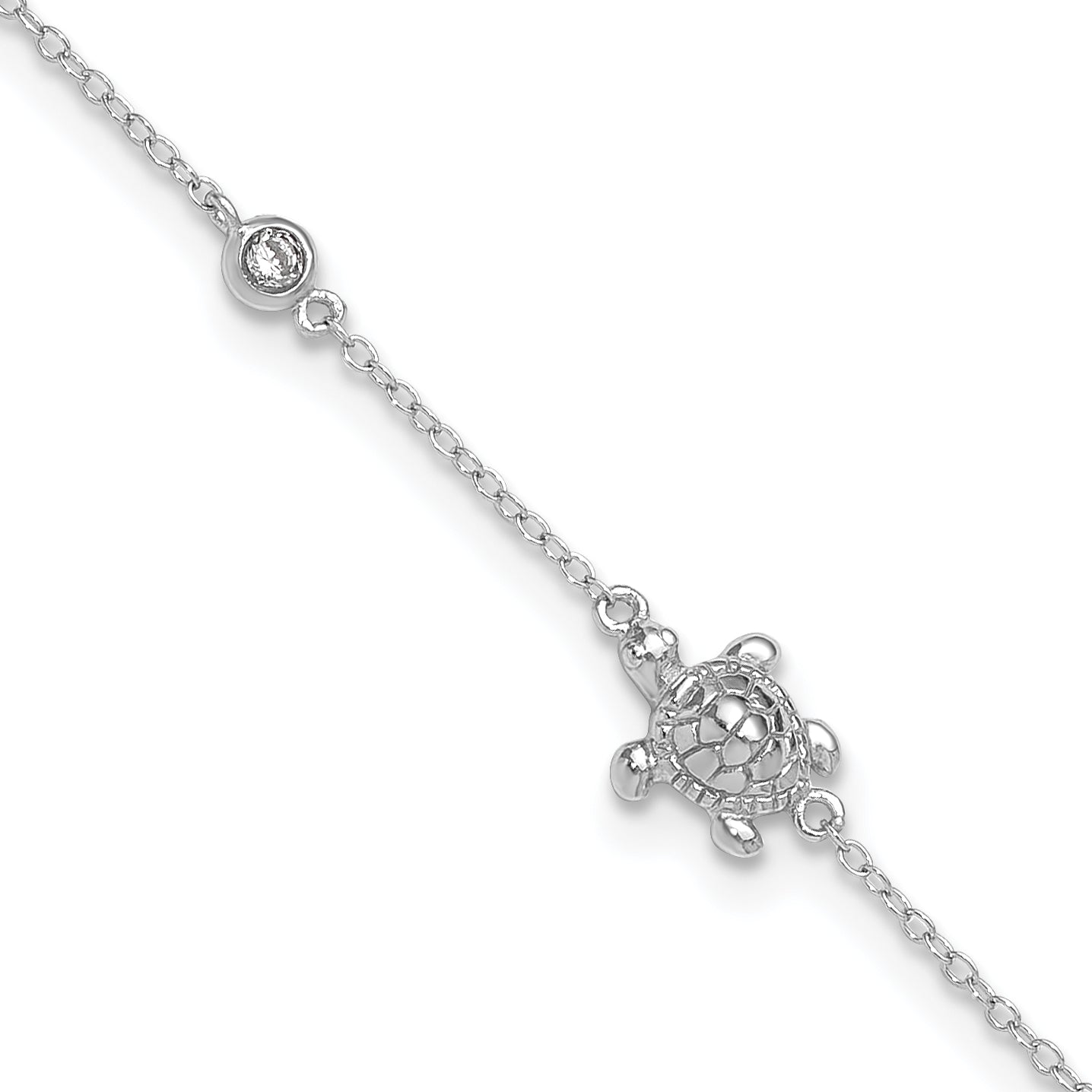 Sterling Silver Rhodium-plated CZ Turtle 9 inch with a 2 inch extention Anklet