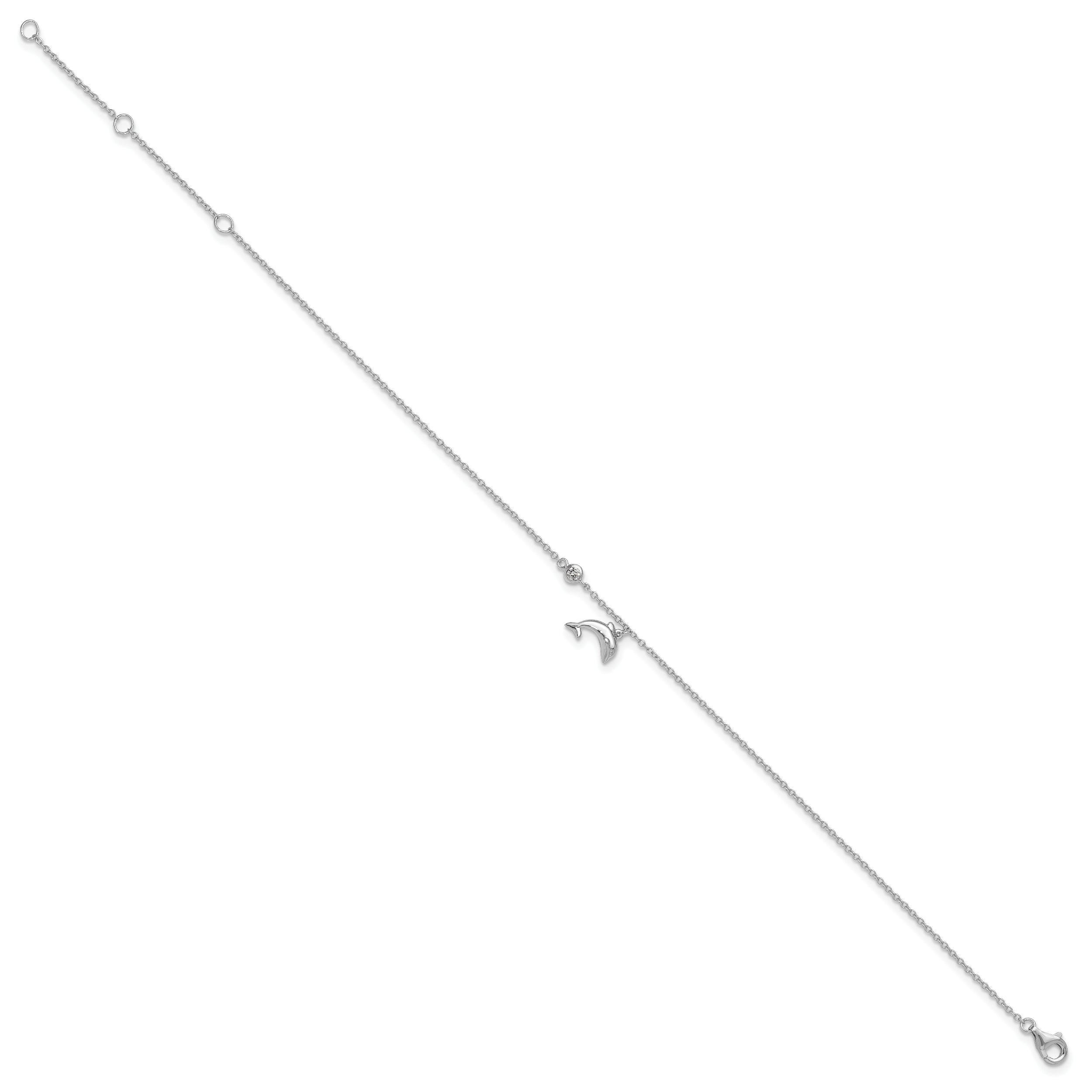 Sterling Silver Rhodium-plated Polished CZ Dolphin 9 inch with a 2 inch Extention Anklet