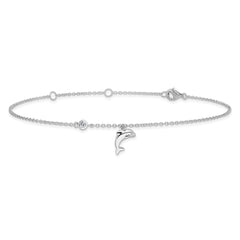 Sterling Silver Rhodium-plated Polished CZ Dolphin 9 inch with a 2 inch Extention Anklet