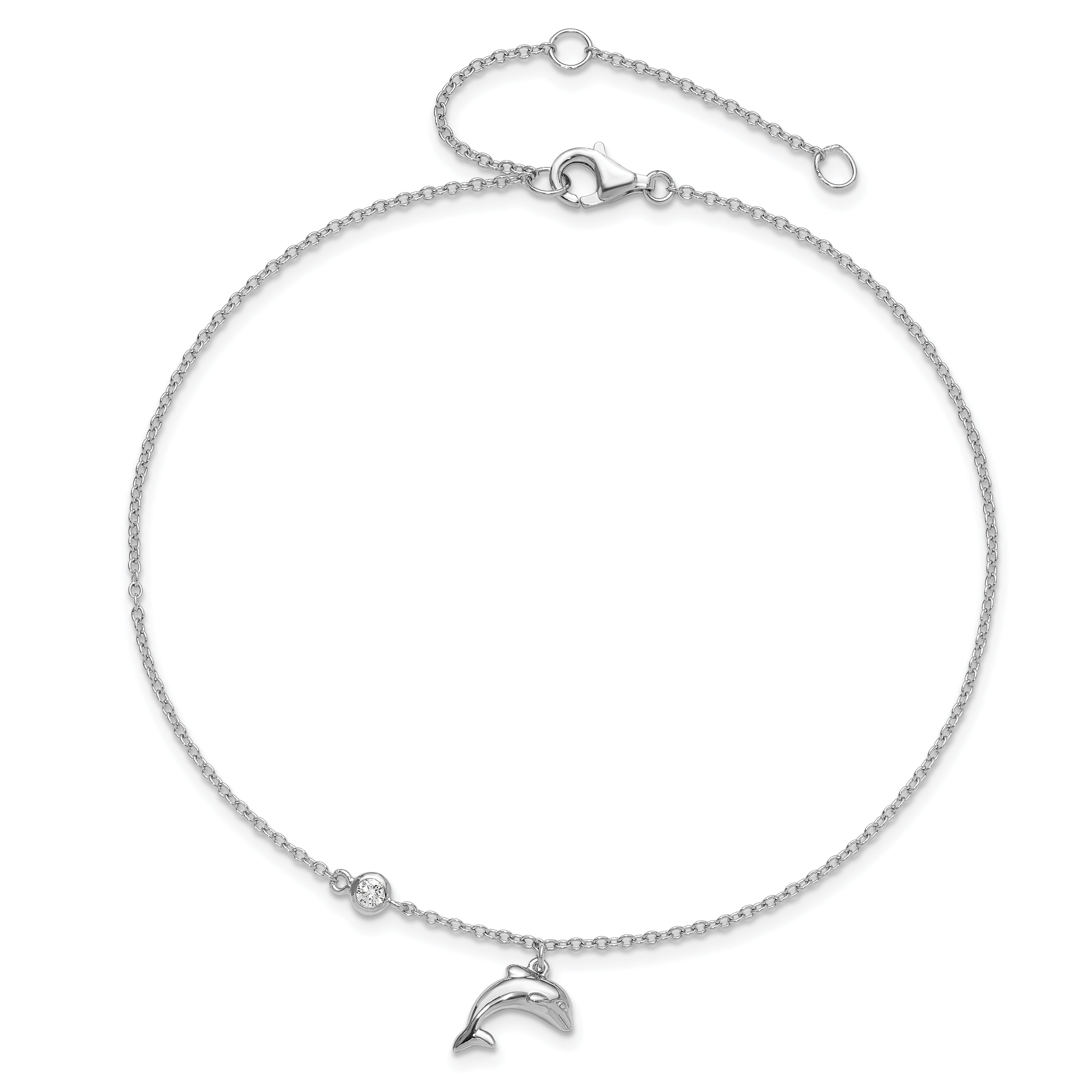 Sterling Silver Rhodium-plated Polished CZ Dolphin 9 inch with a 2 inch Extention Anklet