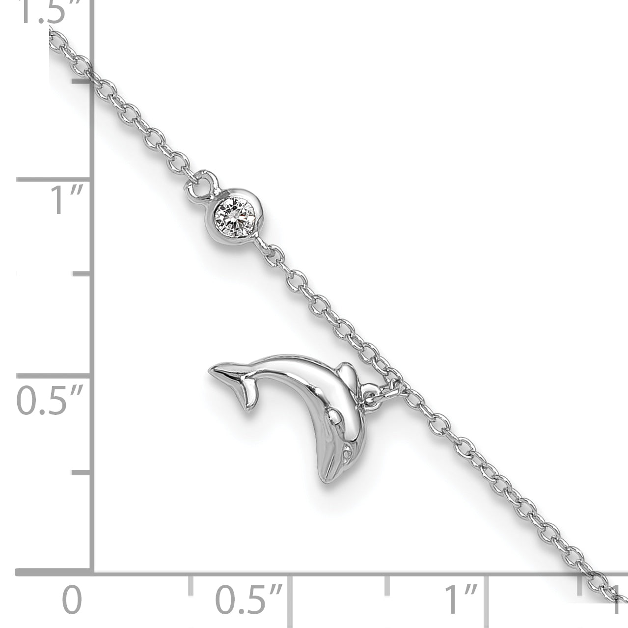 Sterling Silver Rhodium-plated Polished CZ Dolphin 9 inch with a 2 inch Extention Anklet