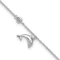 Sterling Silver Rhodium-plated Polished CZ Dolphin 9 inch with a 2 inch Extention Anklet