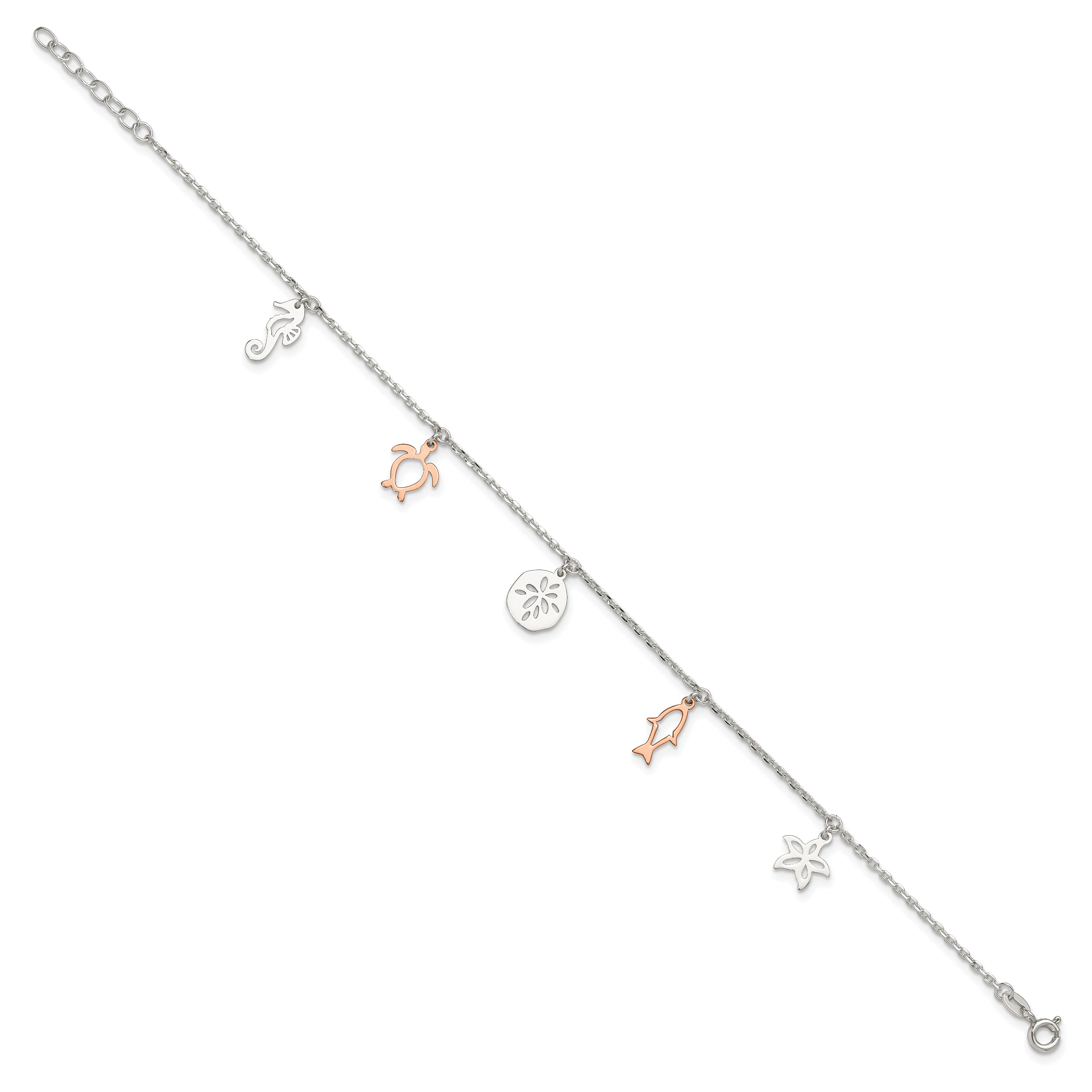 Sterling Silver Rose-tone Seashore Dangles 9in Plus 1in Ext. Anklet