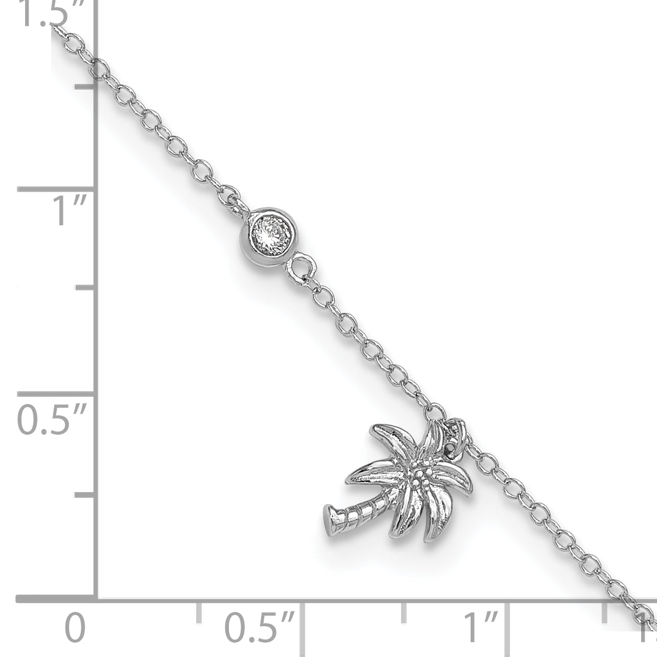 Sterling Silver Rhodium-plated CZ and Palm Tree 9in Plus 1in Ext. Anklet