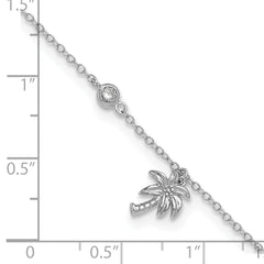 Sterling Silver Rhodium-plated CZ and Palm Tree 9in Plus 1in Ext. Anklet