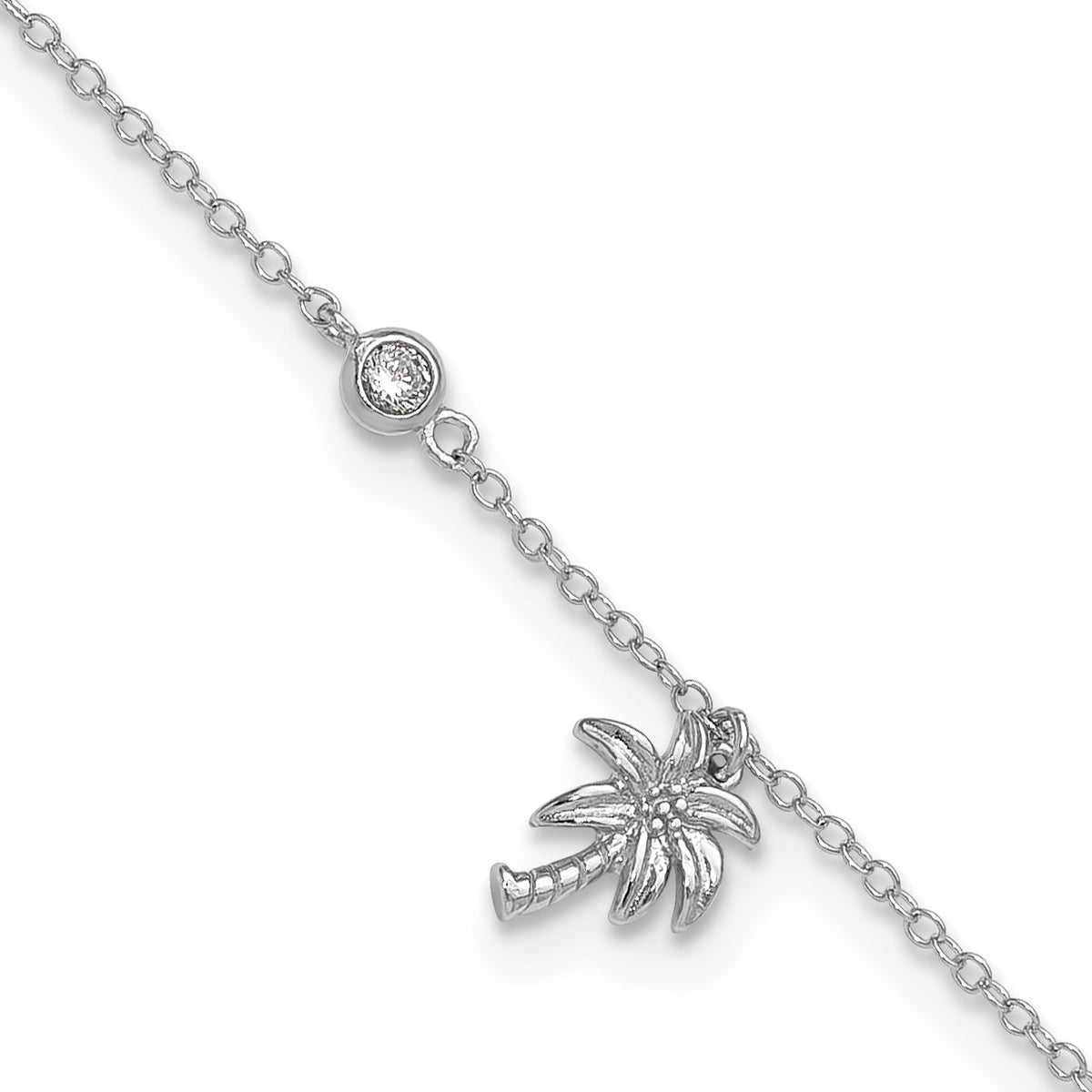 Sterling Silver Rhodium-plated CZ and Palm Tree 9in Plus 1in Ext. Anklet