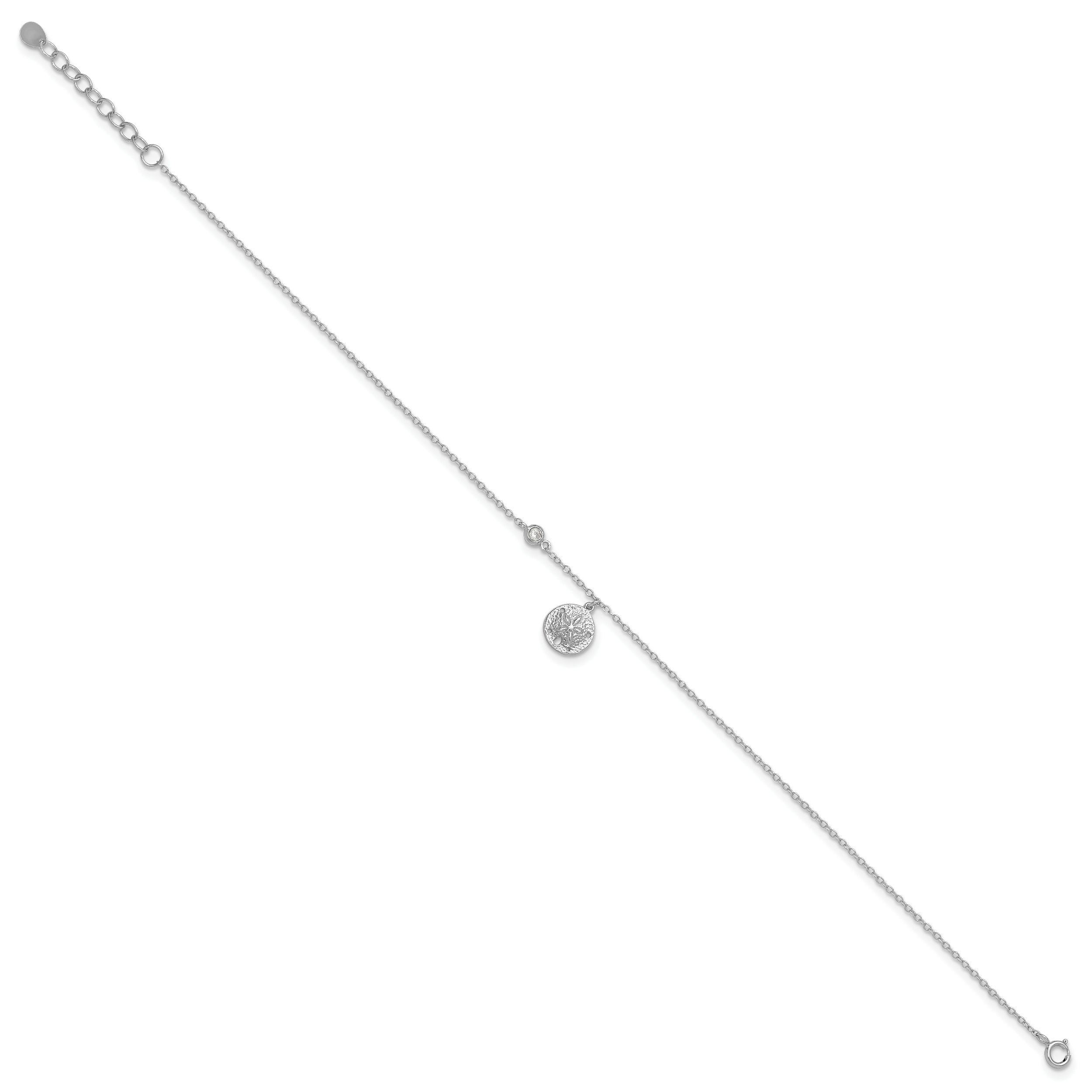 Sterling Silver Rhodium-plated CZ and Sand Dollar 9in Plus 1in Ext. Anklet