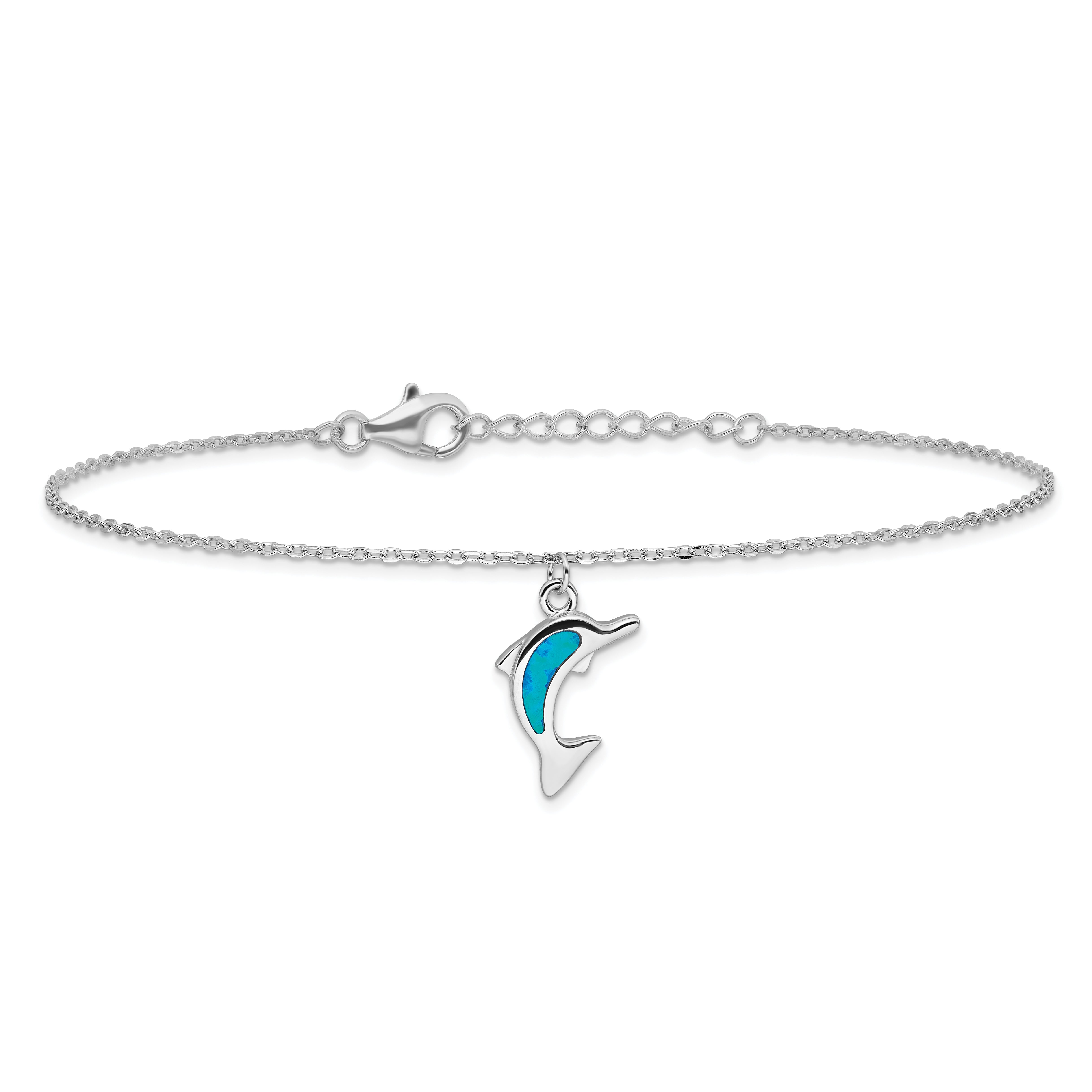 Sterling Silver RH-plated Created Opal Dolphin 9in Plus 1in Ext. Anklet