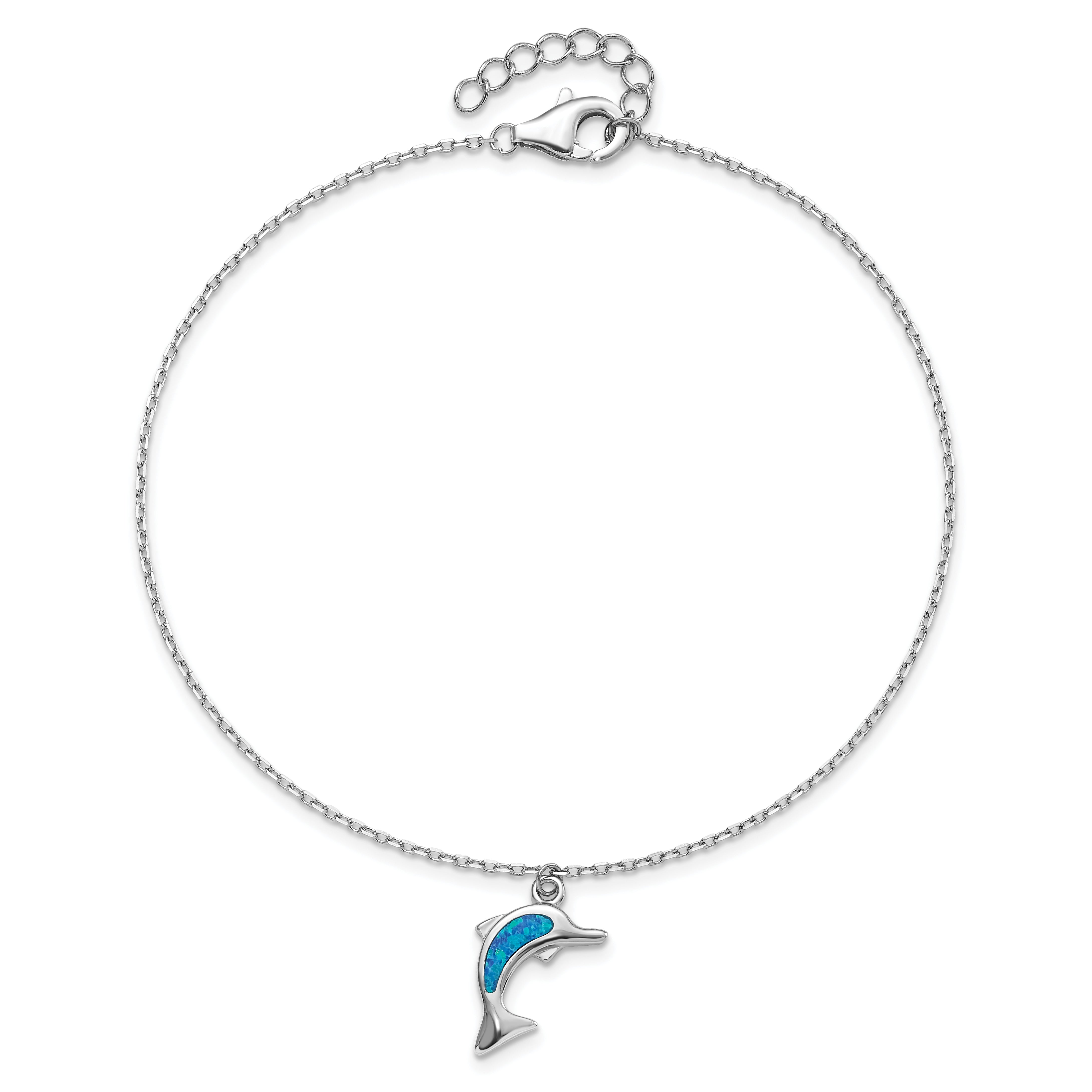 Sterling Silver RH-plated Created Opal Dolphin 9in Plus 1in Ext. Anklet