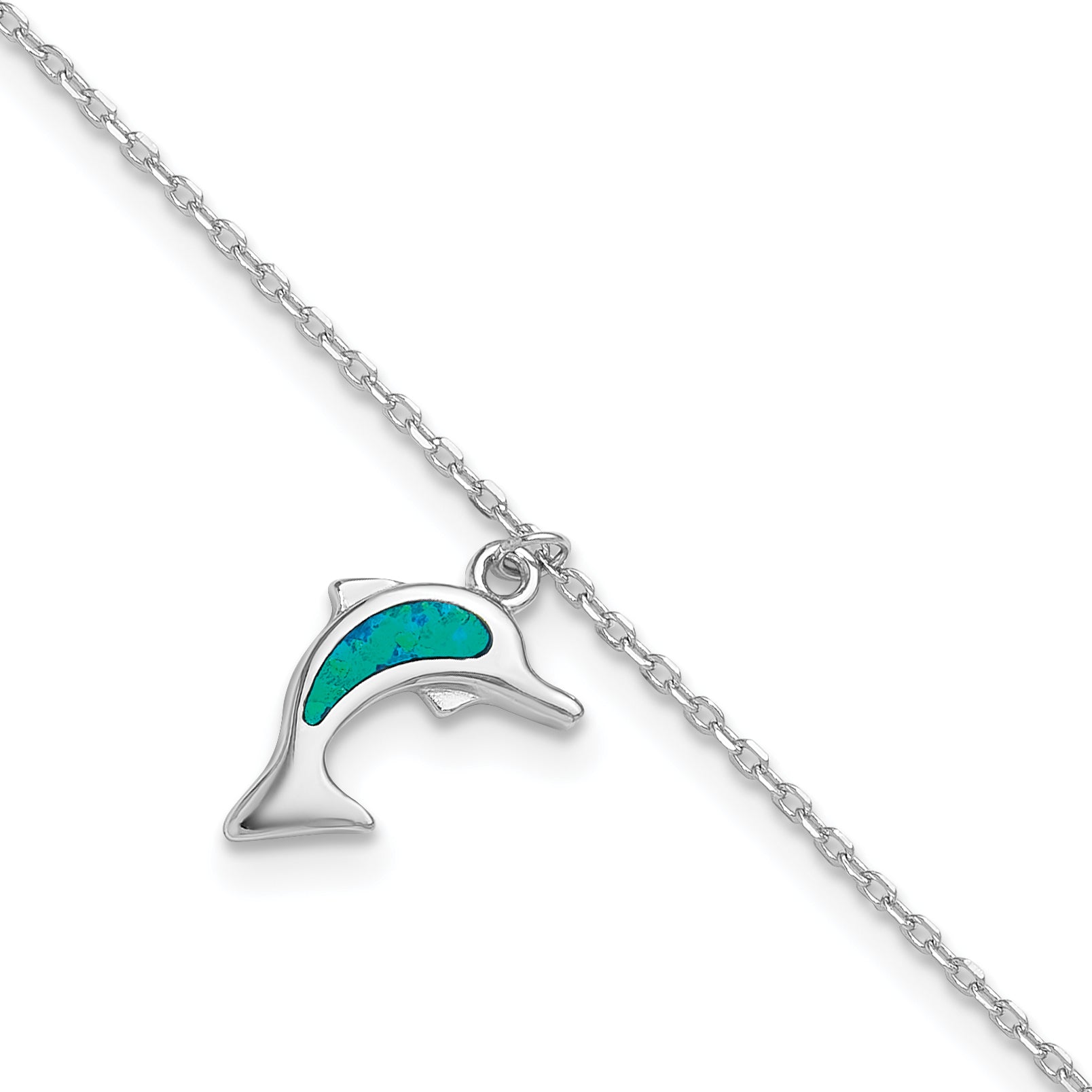 Sterling Silver RH-plated Created Opal Dolphin 9in Plus 1in Ext. Anklet