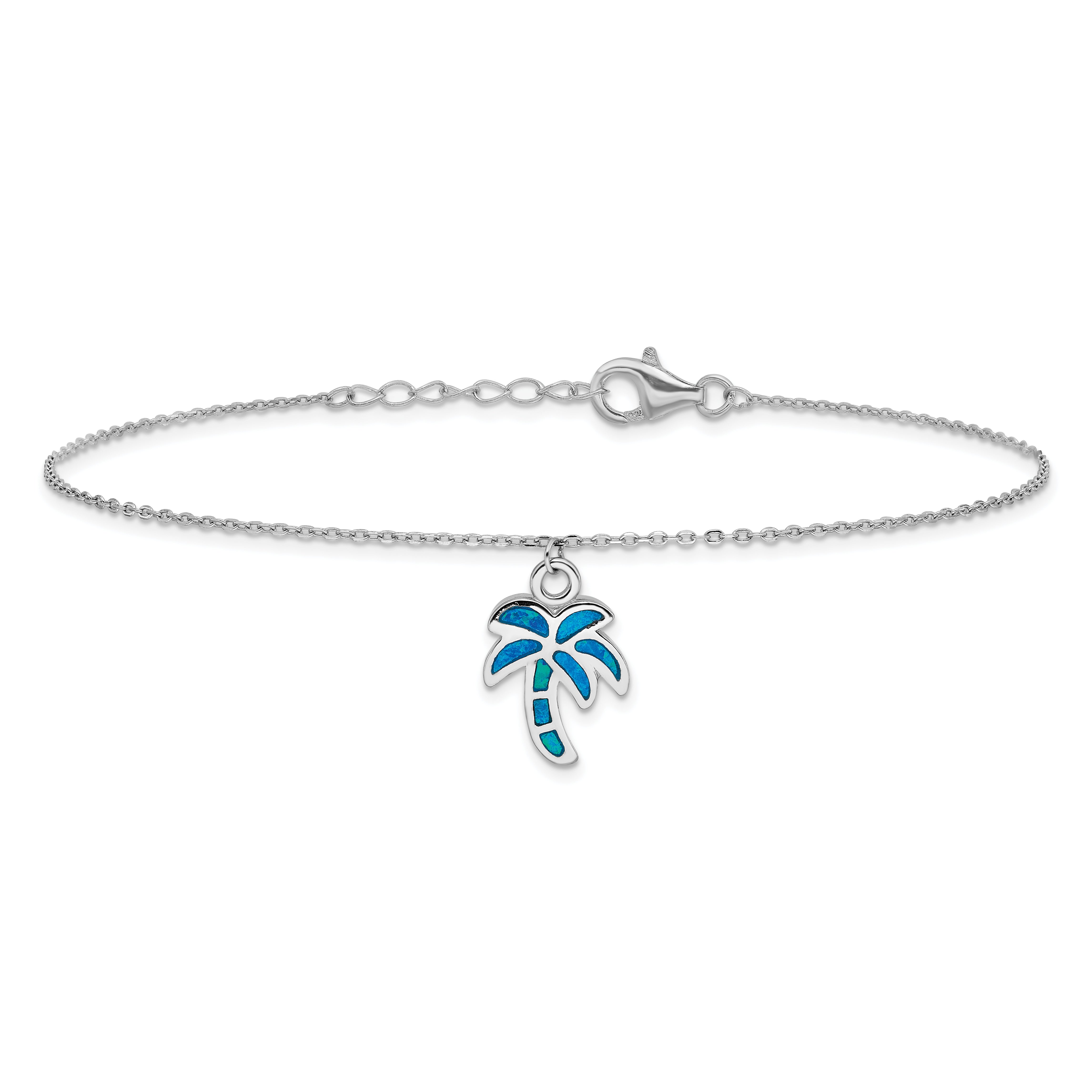 Sterling Silver Rhodium-plated Created Opal Palm Tree 9 inch with a 1 inch extention Anklet