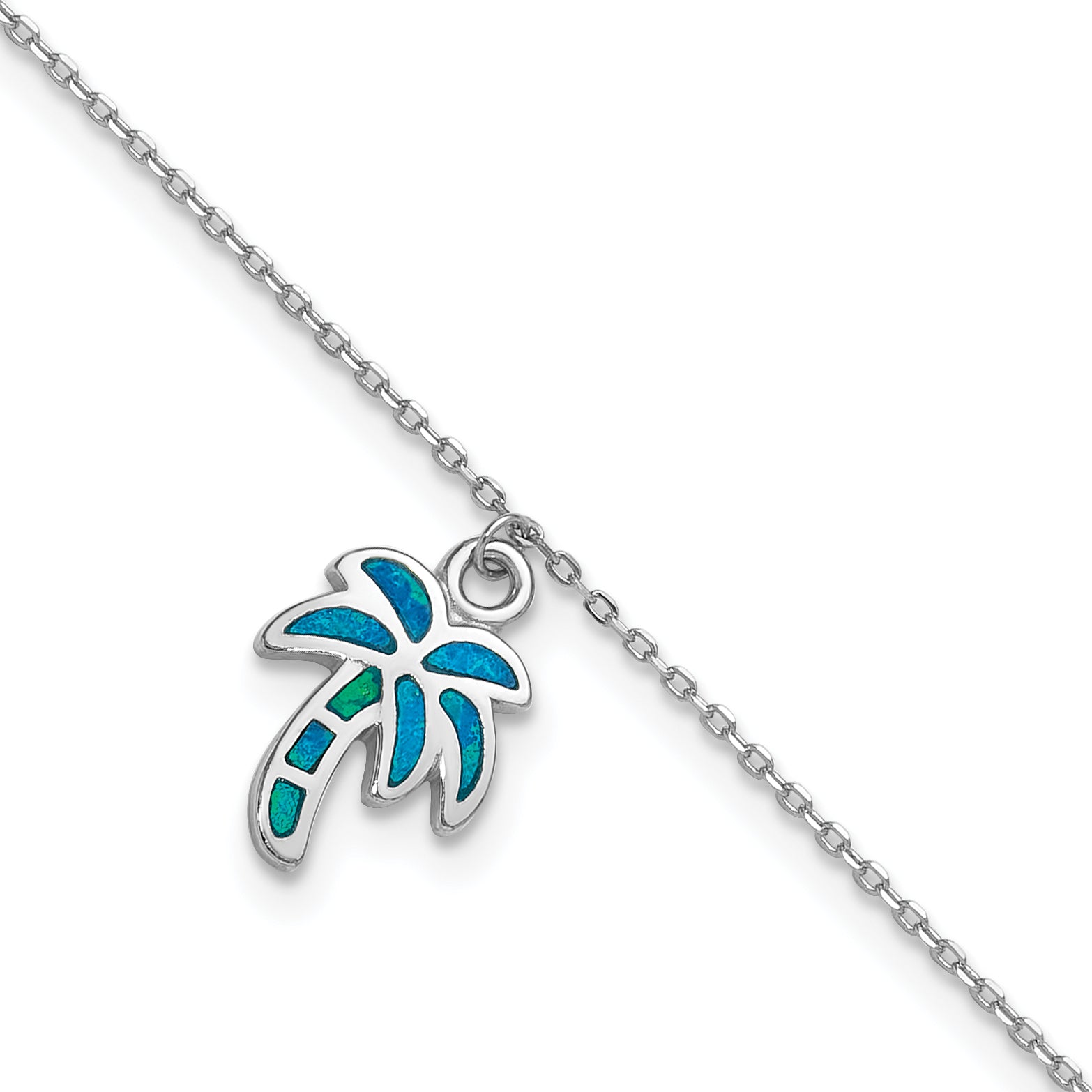 Sterling Silver Rhodium-plated Created Opal Palm Tree 9 inch with a 1 inch extention Anklet