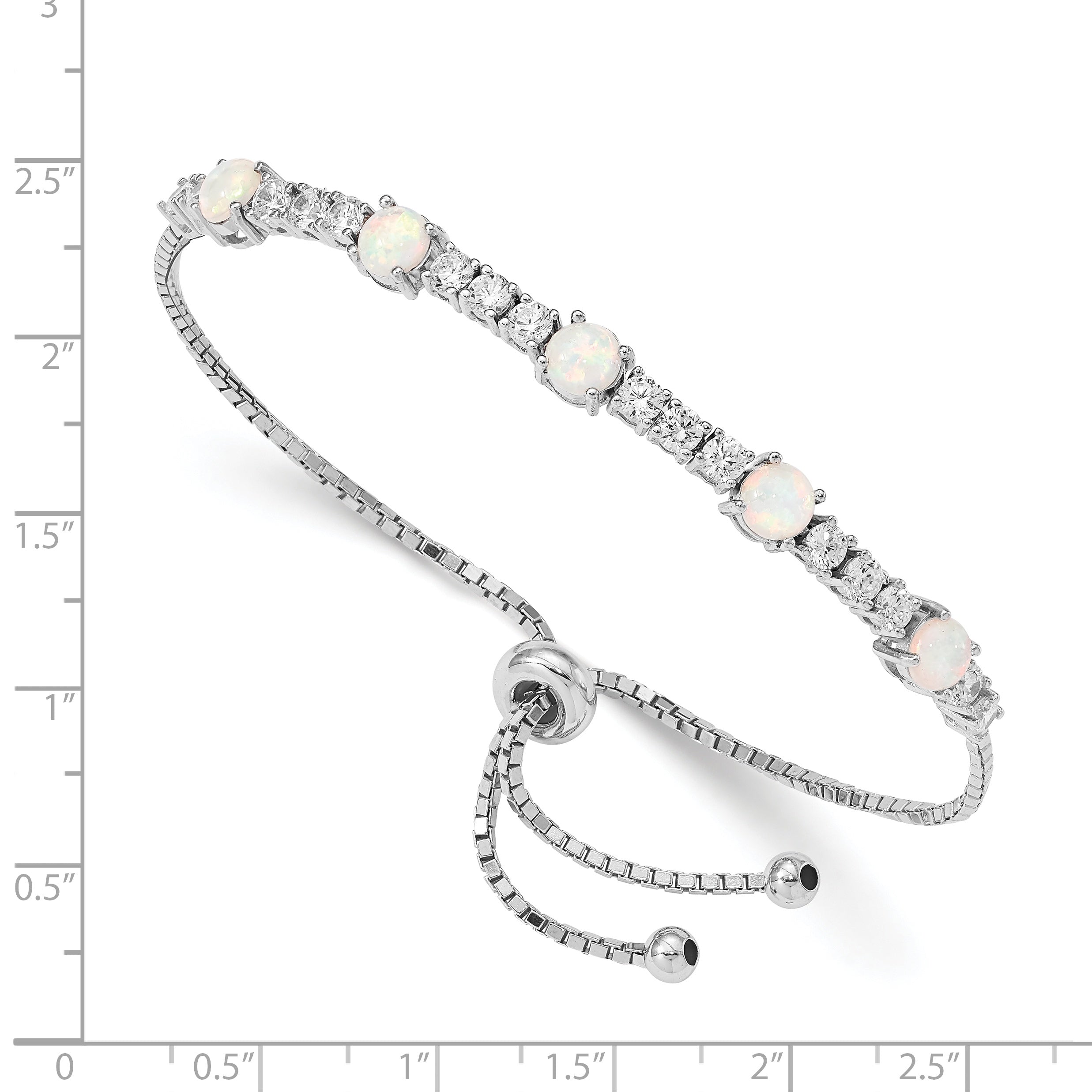 Sterling Silver RH-plated Created Opal and CZ Adjustable Bracelet