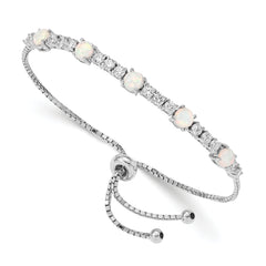 Sterling Silver RH-plated Created Opal and CZ Adjustable Bracelet