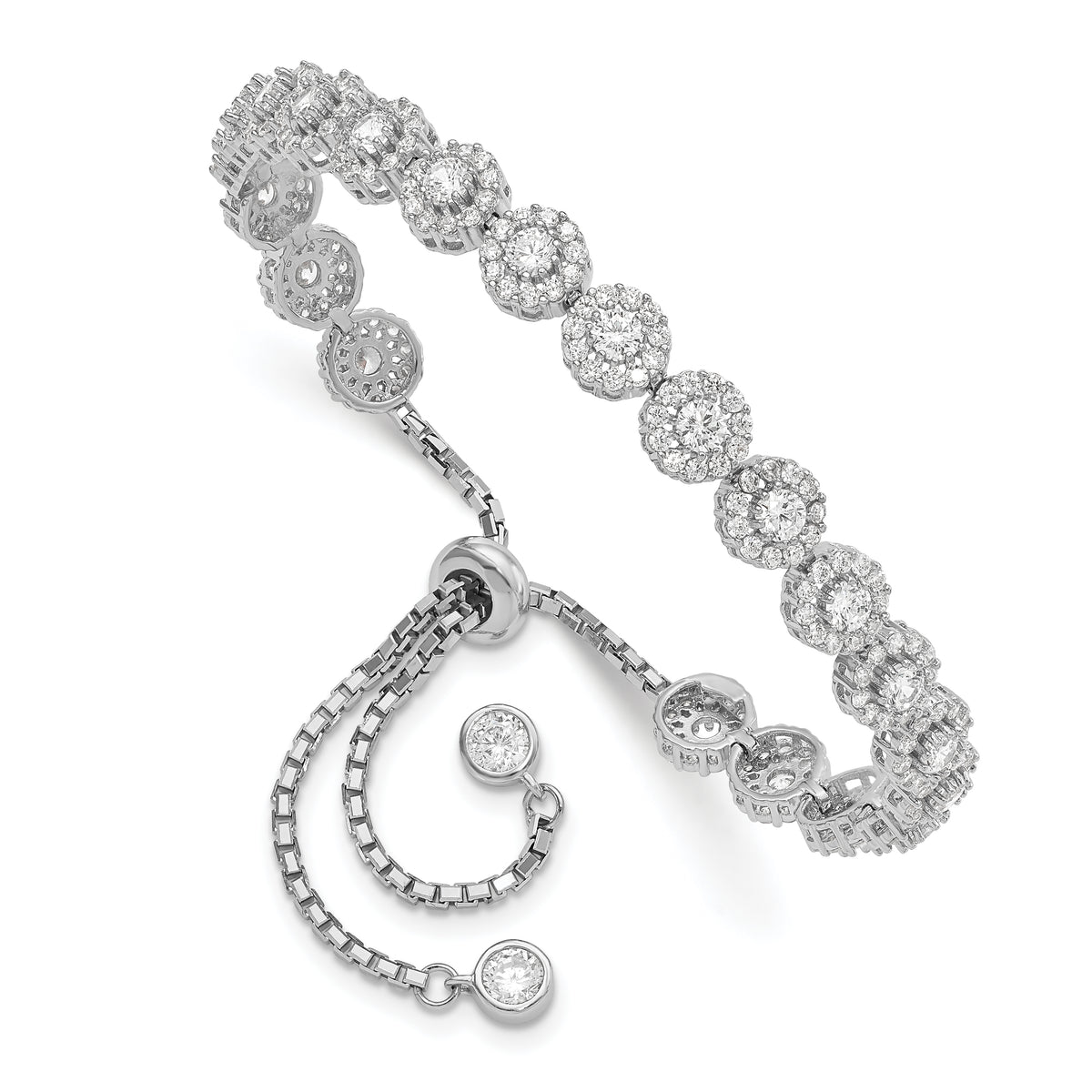 Sterling Silver Rhodium-plated CZ Halo Adjustable Bracelet