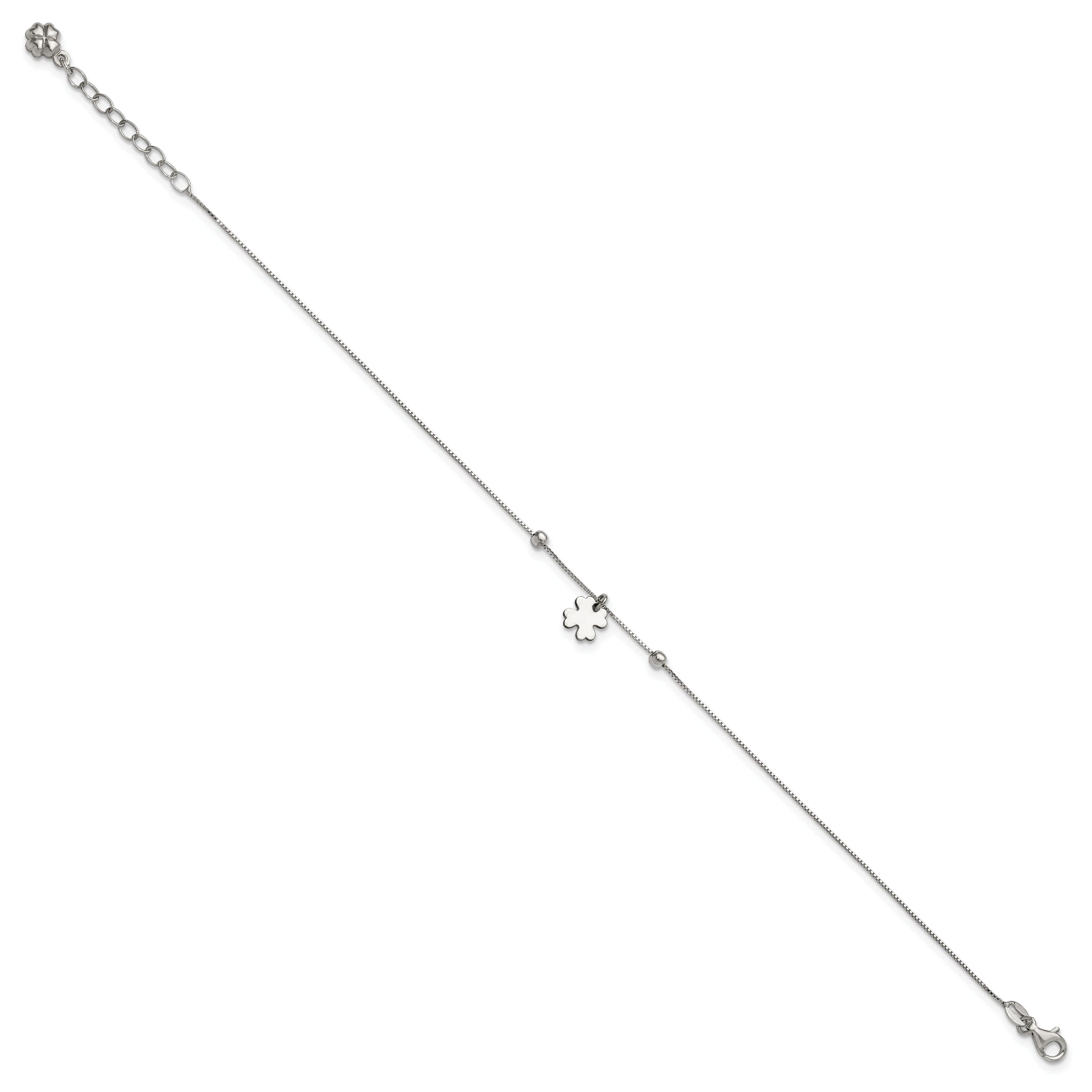 Sterling Silver Rhodium-plated Clover Dangle 9in w/1in ext Anklet