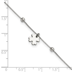 Sterling Silver Rhodium-plated Clover Dangle 9in w/1in ext Anklet