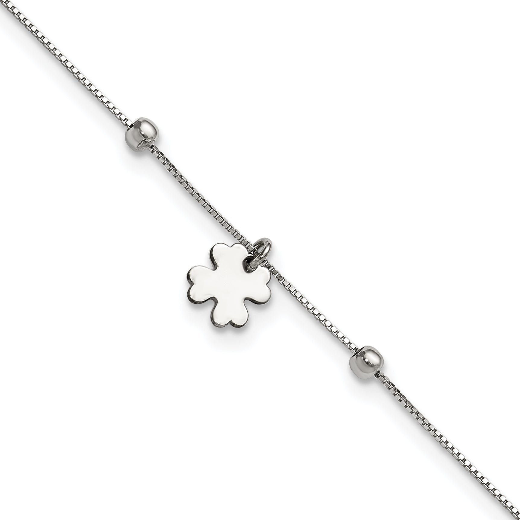 Sterling Silver Rhodium-plated Clover Dangle 9in w/1in ext Anklet