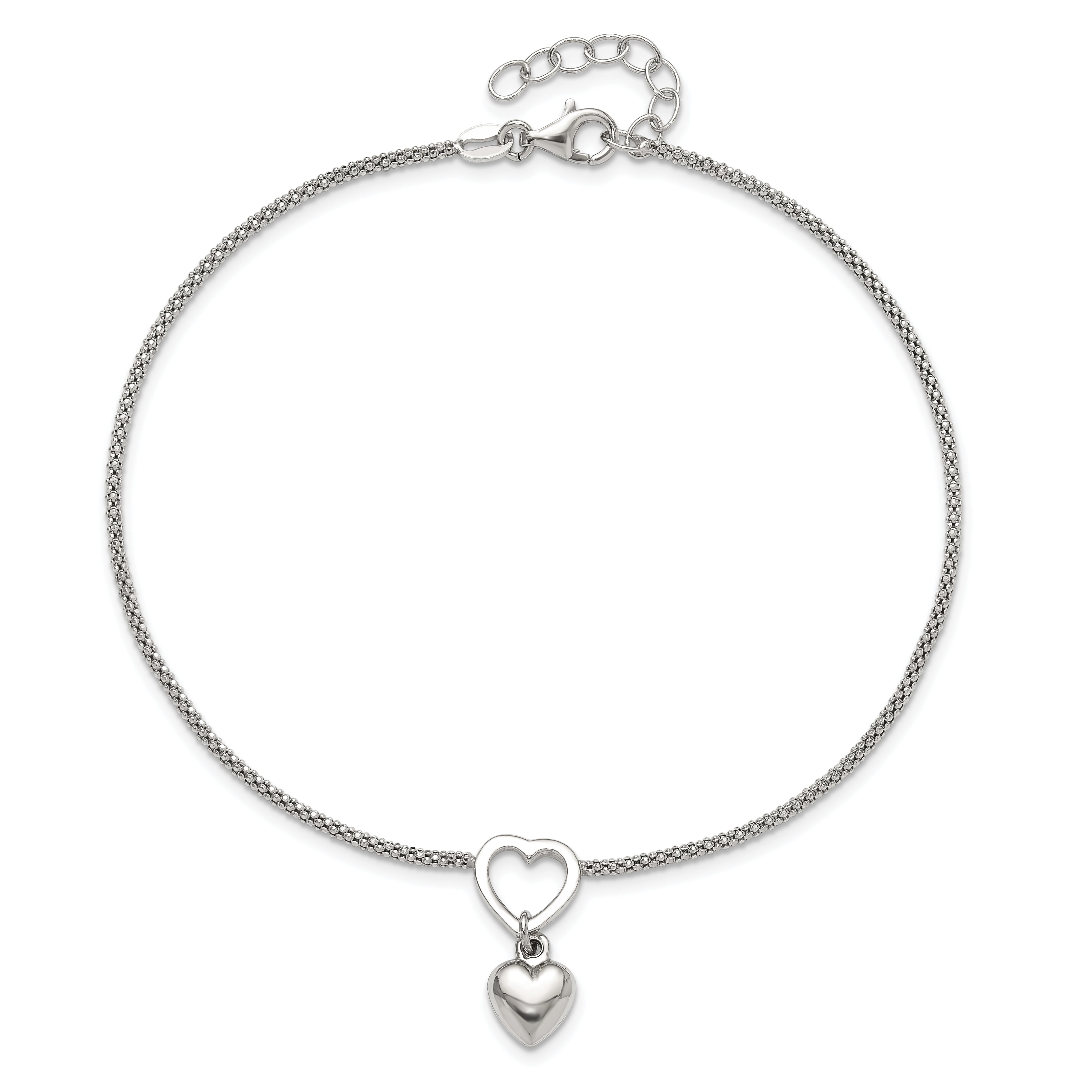 Sterling Silver Rhodium-plated Heart Dangle Charm 9in w/1in ext Anklet