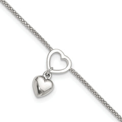 Sterling Silver Rhodium-plated Heart Dangle Charm 9in w/1in ext Anklet