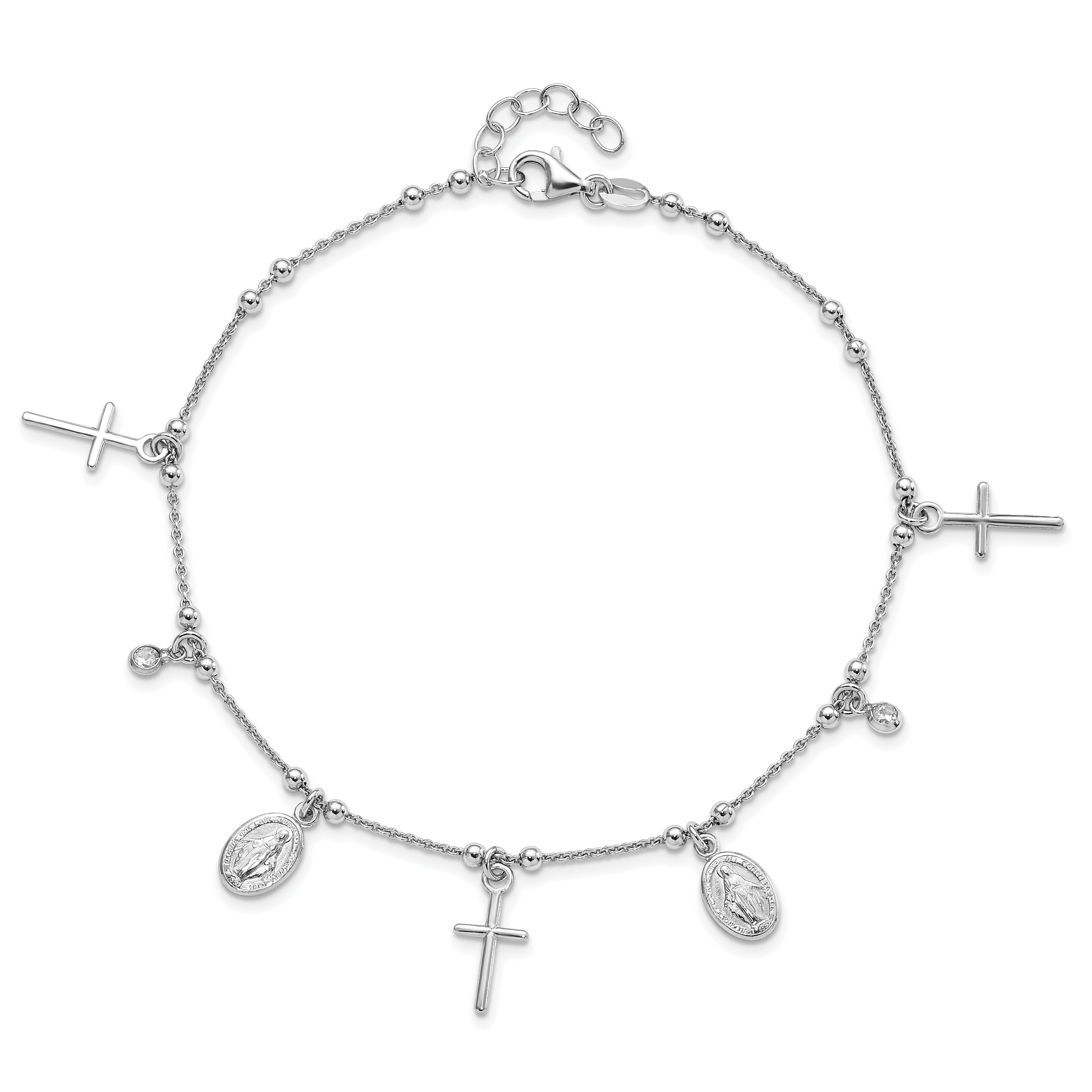 Sterling Silver Rhodium-plated CZ Cross and Mary Charm 9in w/1in ext Anklet