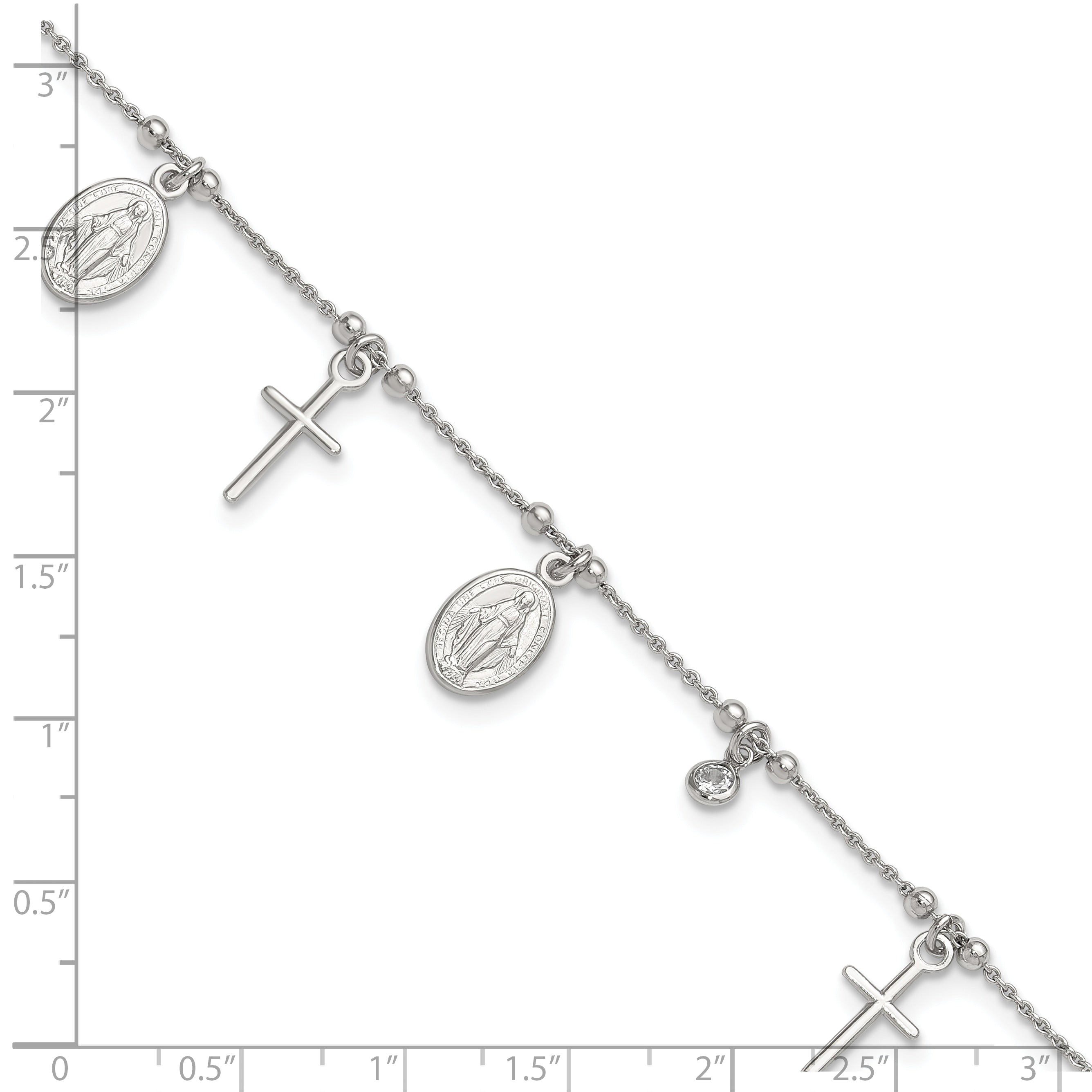 Sterling Silver Rhodium-plated CZ Cross and Mary Charm 9in w/1in ext Anklet