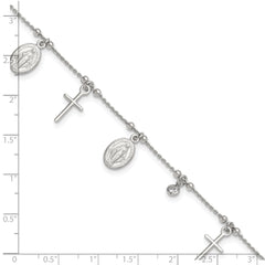 Sterling Silver Rhodium-plated CZ Cross and Mary Charm 9in w/1in ext Anklet