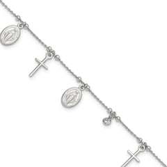 Sterling Silver Rhodium-plated CZ Cross and Mary Charm 9in w/1in ext Anklet