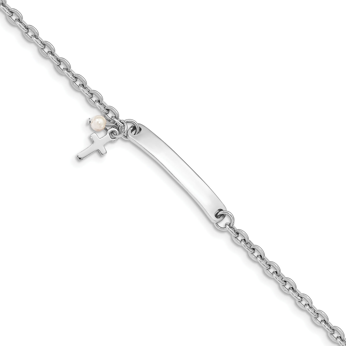 Sterling Silver Rhodium-plated Cross FWC Pearl Bar With 1in ext. Bracelet