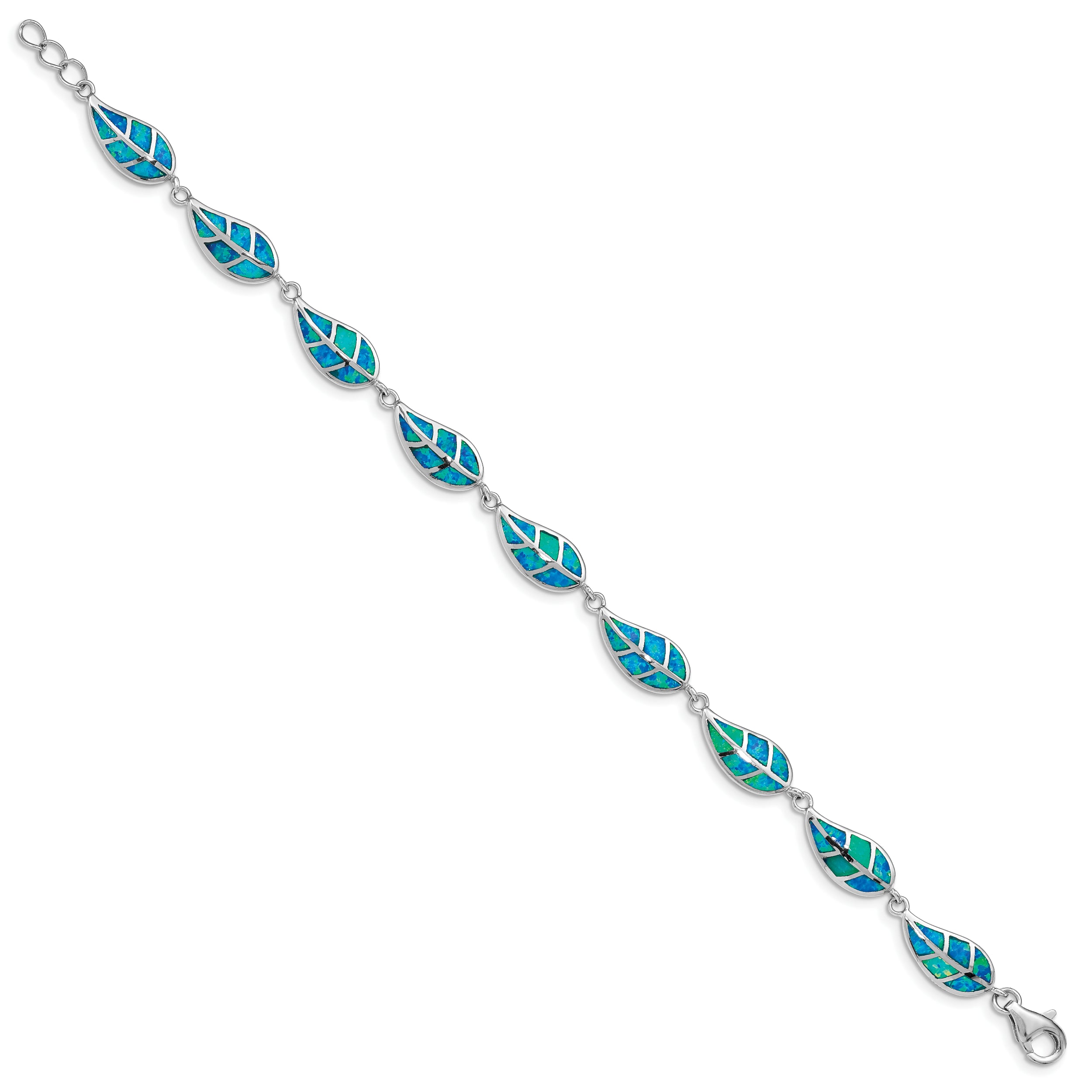 Sterling Silver Rhodium-plated Lab Created Opal Inlay Leaf Bracelet