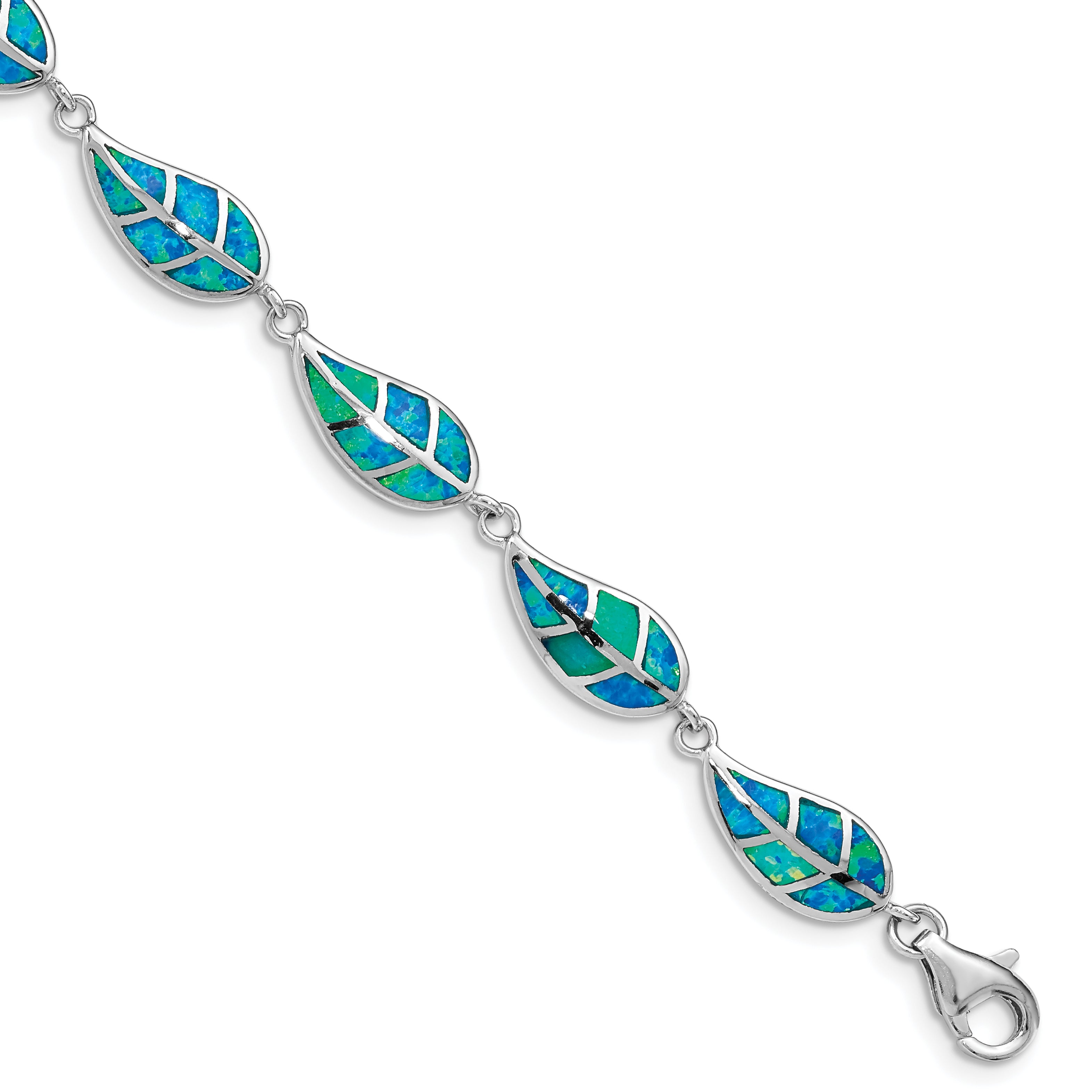 Sterling Silver Rhodium-plated Lab Created Opal Inlay Leaf Bracelet