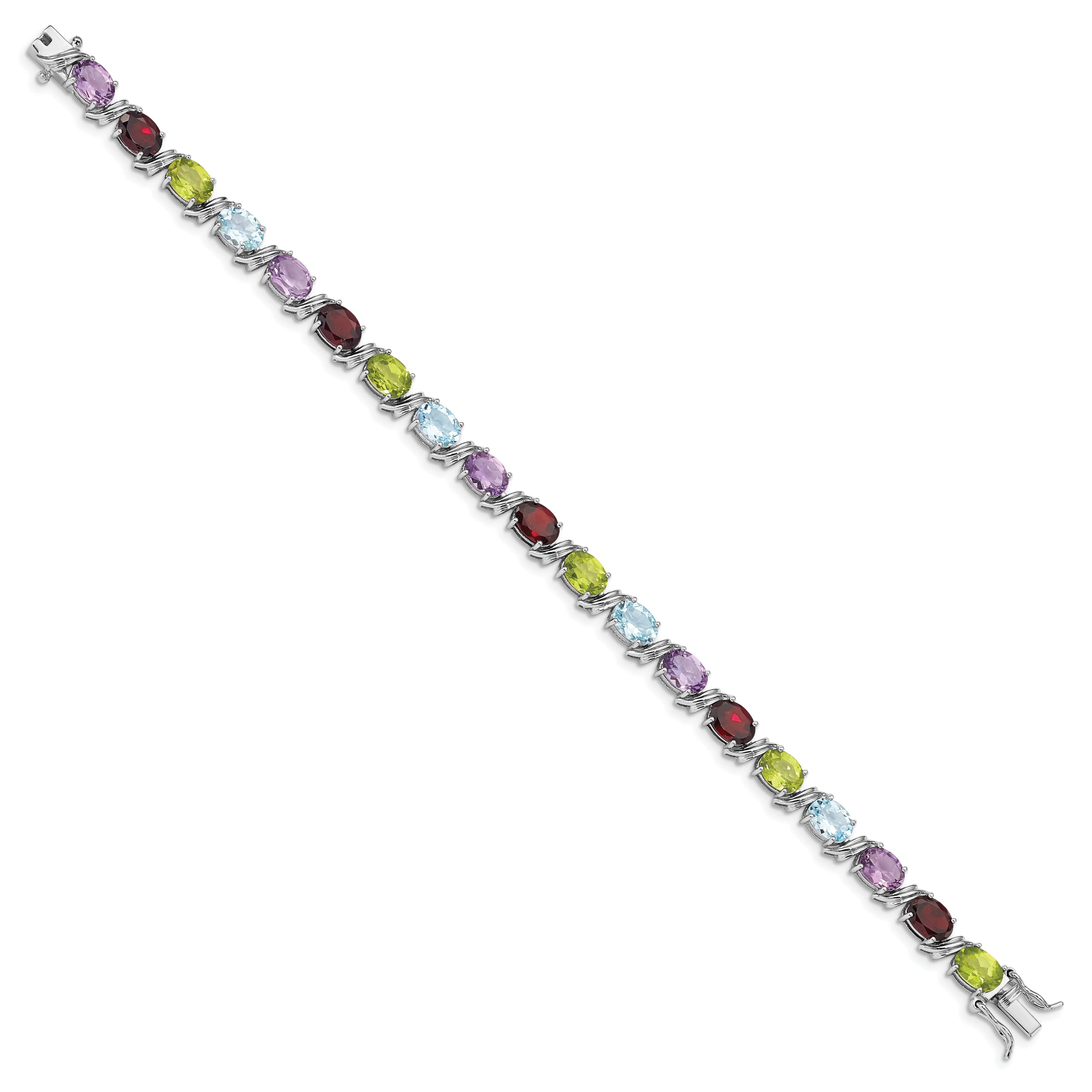 Sterling Silver Rhodium-plated Oval Multi-gemstone Bracelet