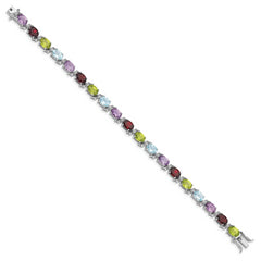 Sterling Silver Rhodium-plated Oval Multi-gemstone Bracelet