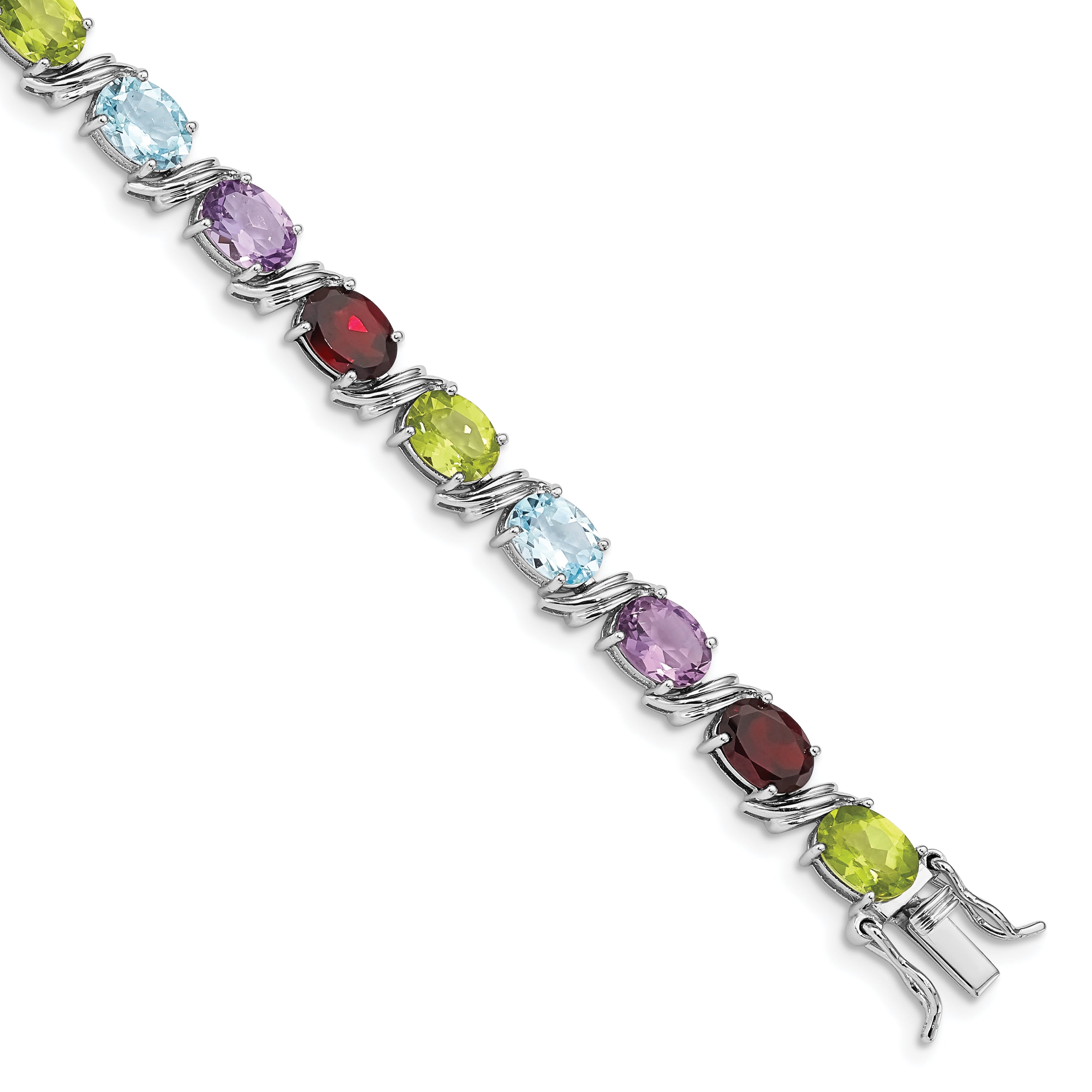 Sterling Silver Rhodium-plated Oval Multi-gemstone Bracelet