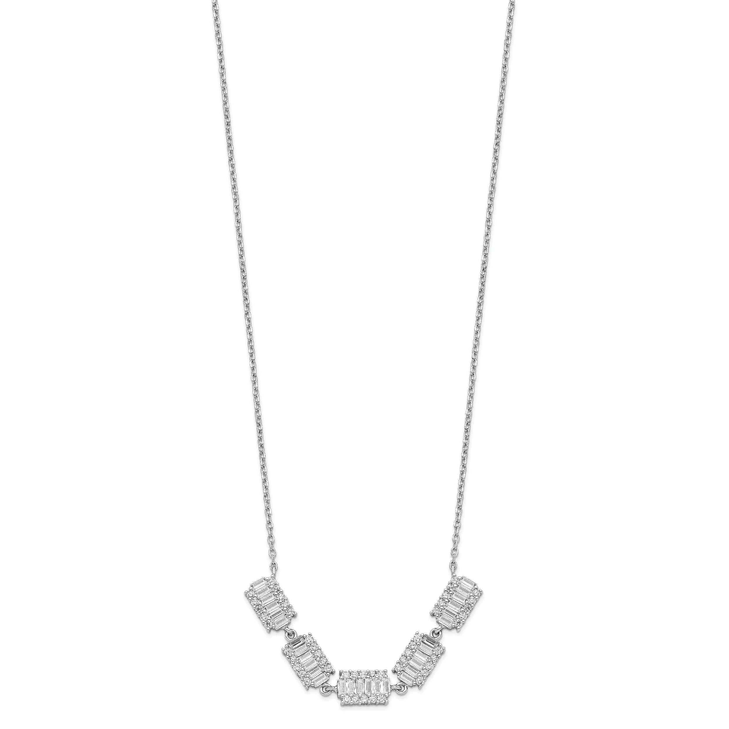 Sterling Silver Rhodium-plated Baguette CZ Bars w/ 1in ext. Necklace