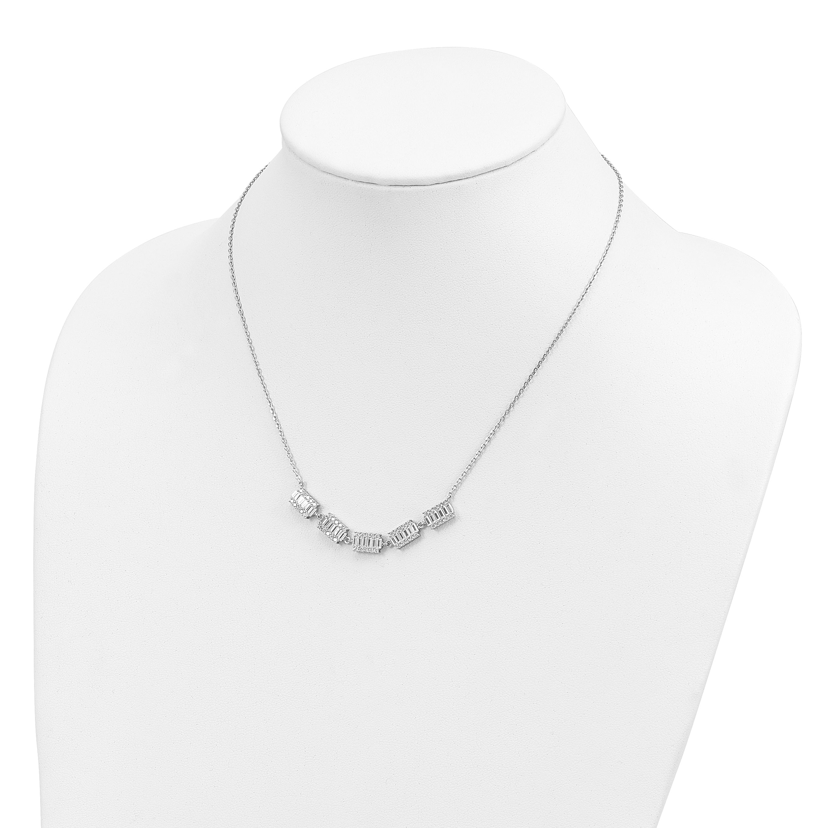 Sterling Silver Rhodium-plated Baguette CZ Bars w/ 1in ext. Necklace