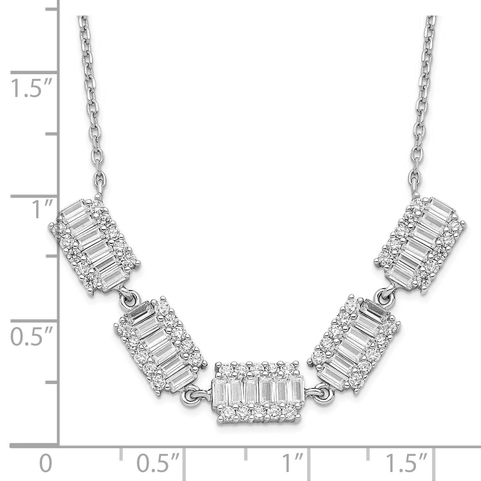 Sterling Silver Rhodium-plated Baguette CZ Bars w/ 1in ext. Necklace