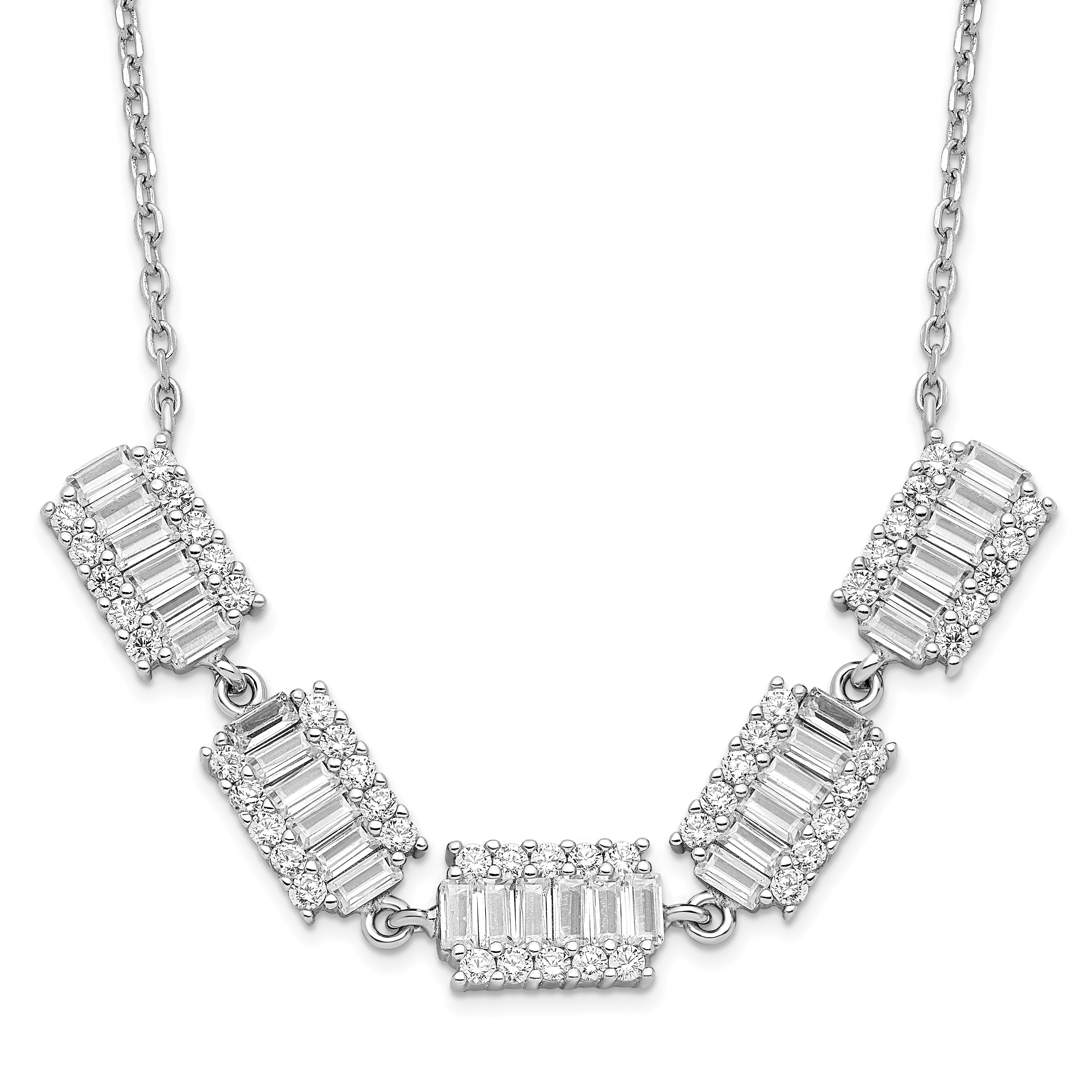 Sterling Silver Rhodium-plated Baguette CZ Bars w/ 1in ext. Necklace