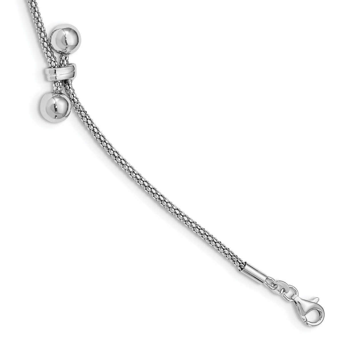 Sterling Silver RH-plated Diamond-Cut w/.75in ext. 2-Bead Bracelet