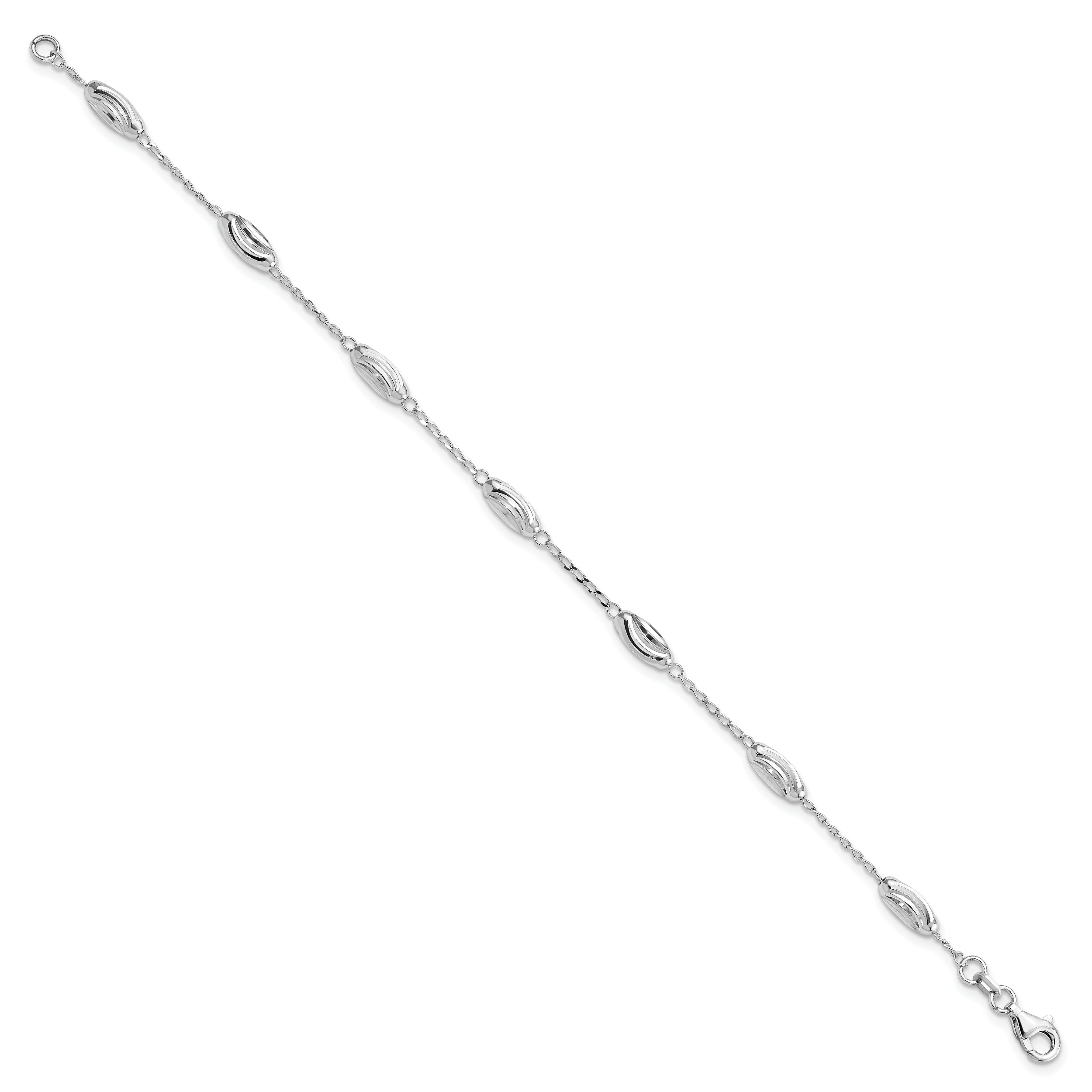 Sterling Silver Rhodium-plated Diamond-cut Oval Beads Bracelet