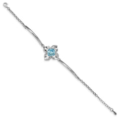 Sterling Silver RH-plated Clear/Blue Crystal Flower w/1in ext Bracelet