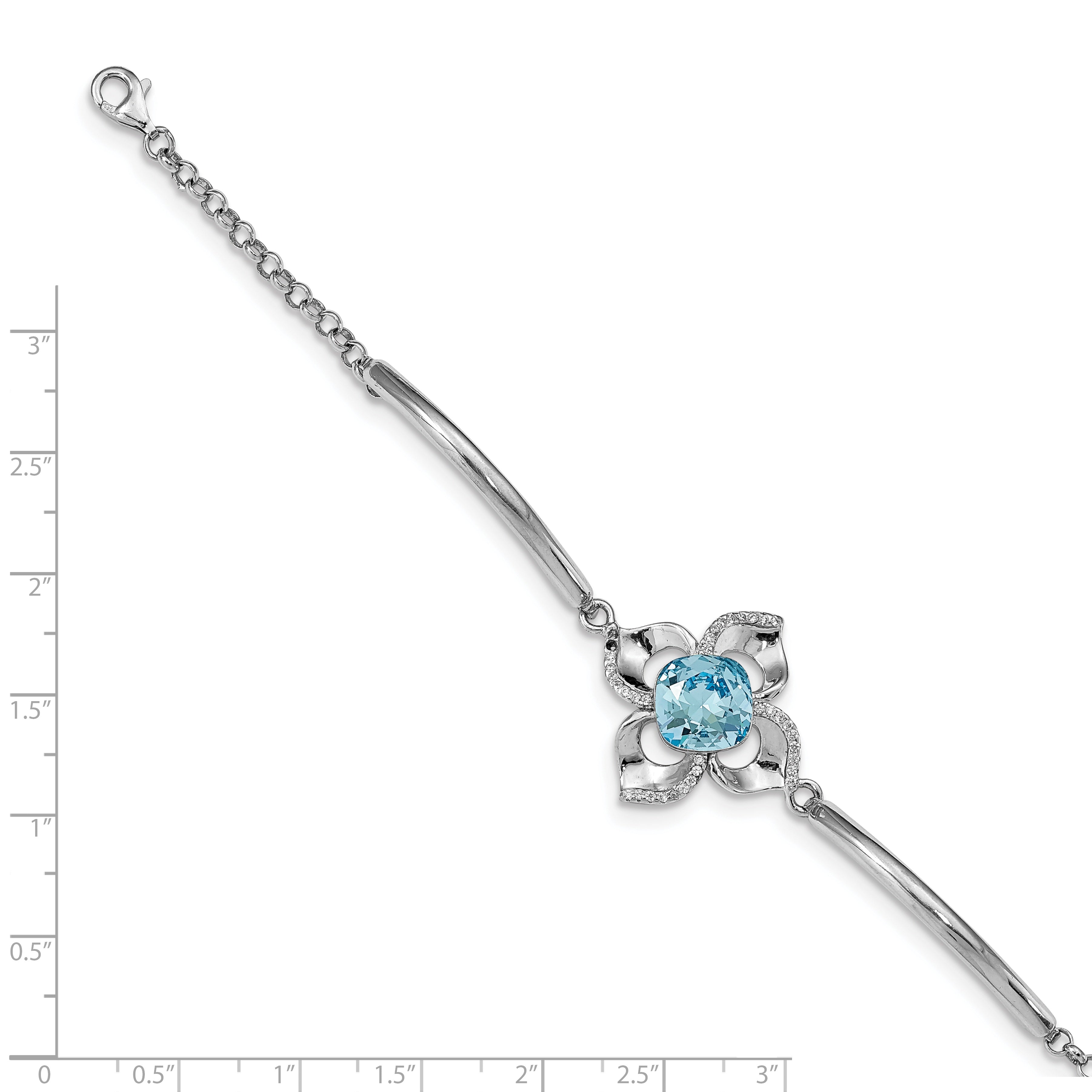 Sterling Silver RH-plated Clear/Blue Crystal Flower w/1in ext Bracelet