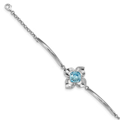 Sterling Silver RH-plated Clear/Blue Crystal Flower w/1in ext Bracelet