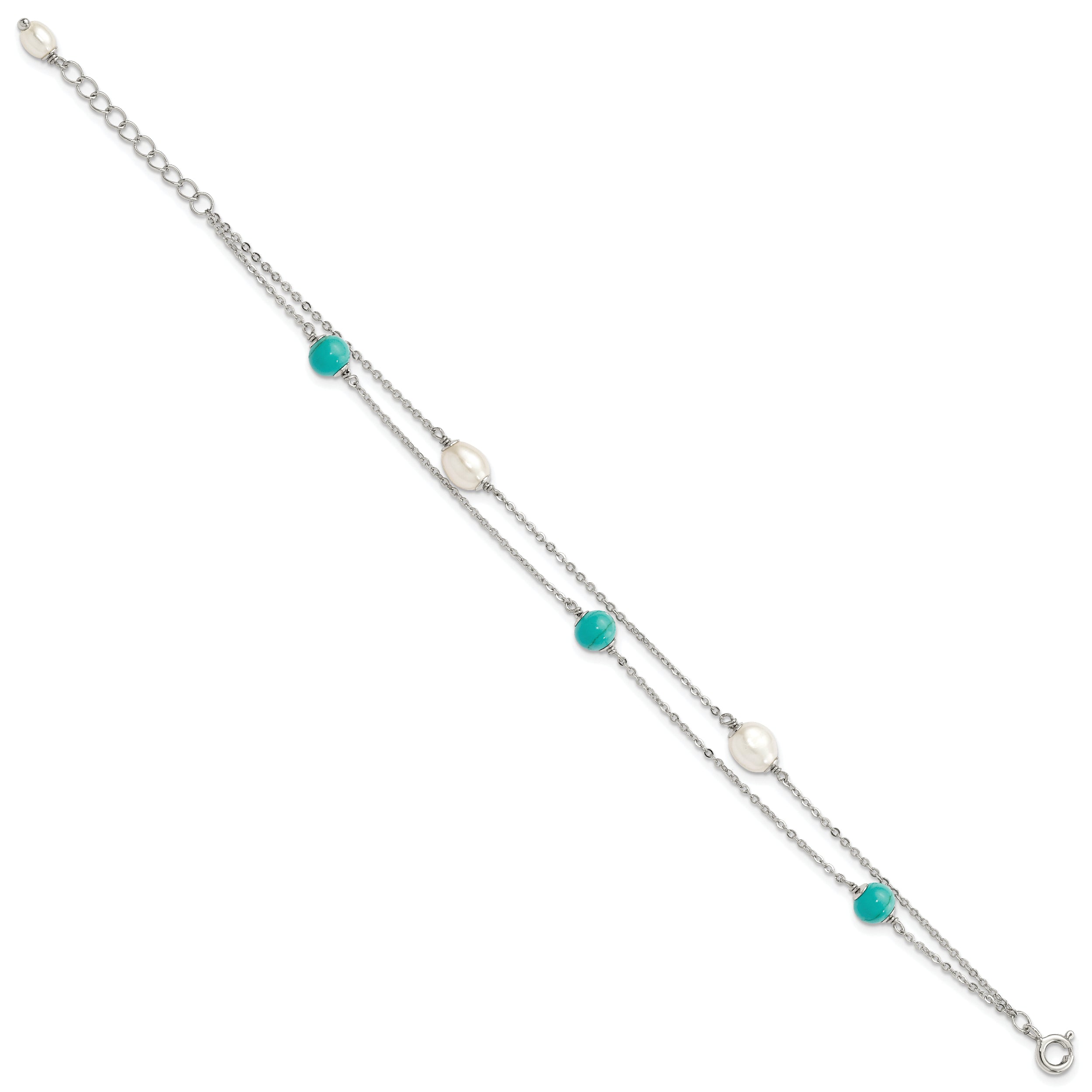 Sterling Silver Rhodium-plated Turquoise/FWC Pearl w/1in Ext Bracelet