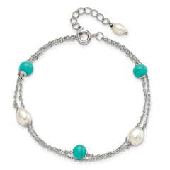 Sterling Silver Rhodium-plated Turquoise/FWC Pearl w/1in Ext Bracelet