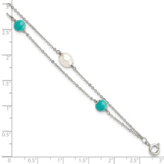 Sterling Silver Rhodium-plated Turquoise/FWC Pearl w/1in Ext Bracelet