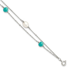 Sterling Silver Rhodium-plated Turquoise/FWC Pearl w/1in Ext Bracelet