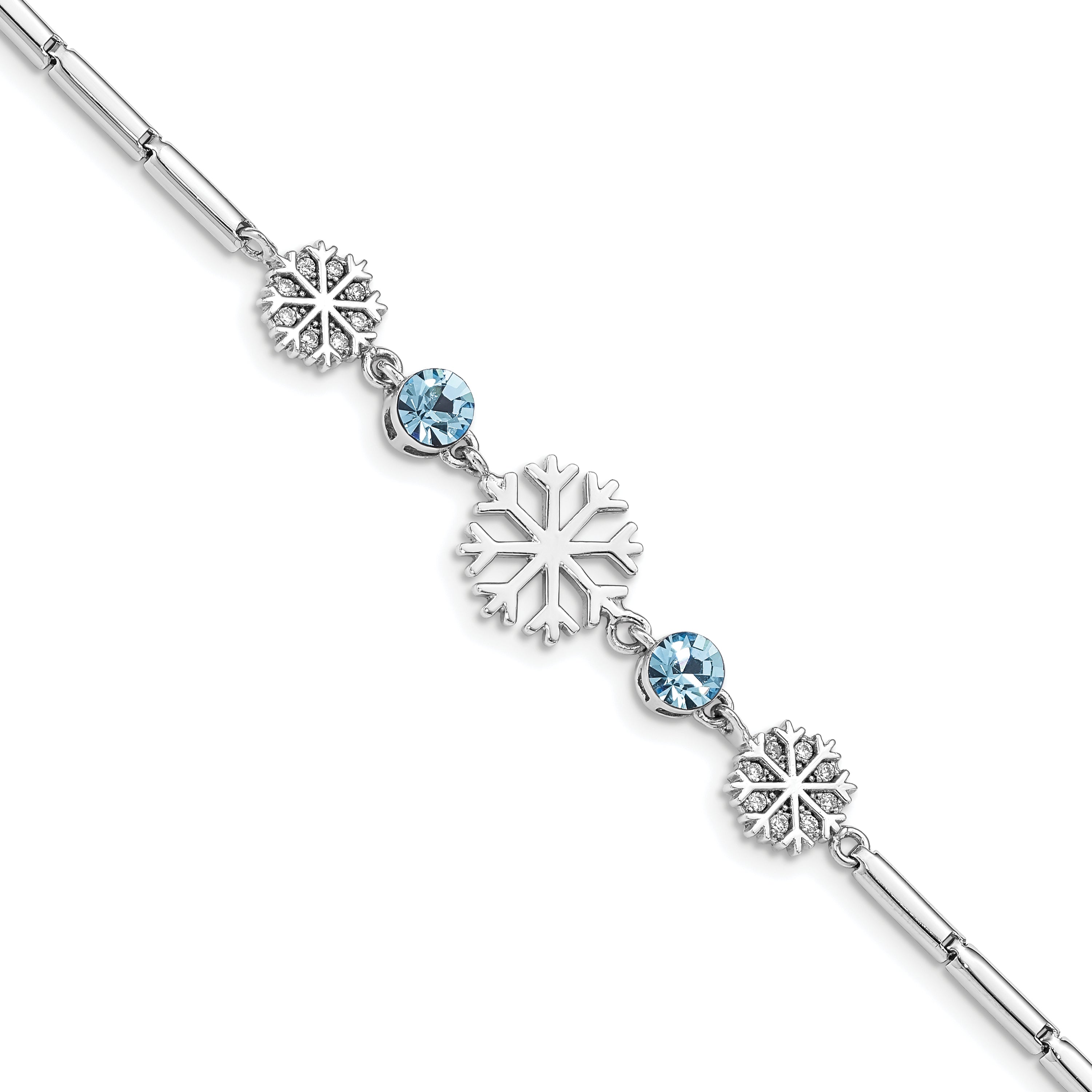 Sterling Silver RH-plated Crystal Snowflake w/1in ext Bracelet