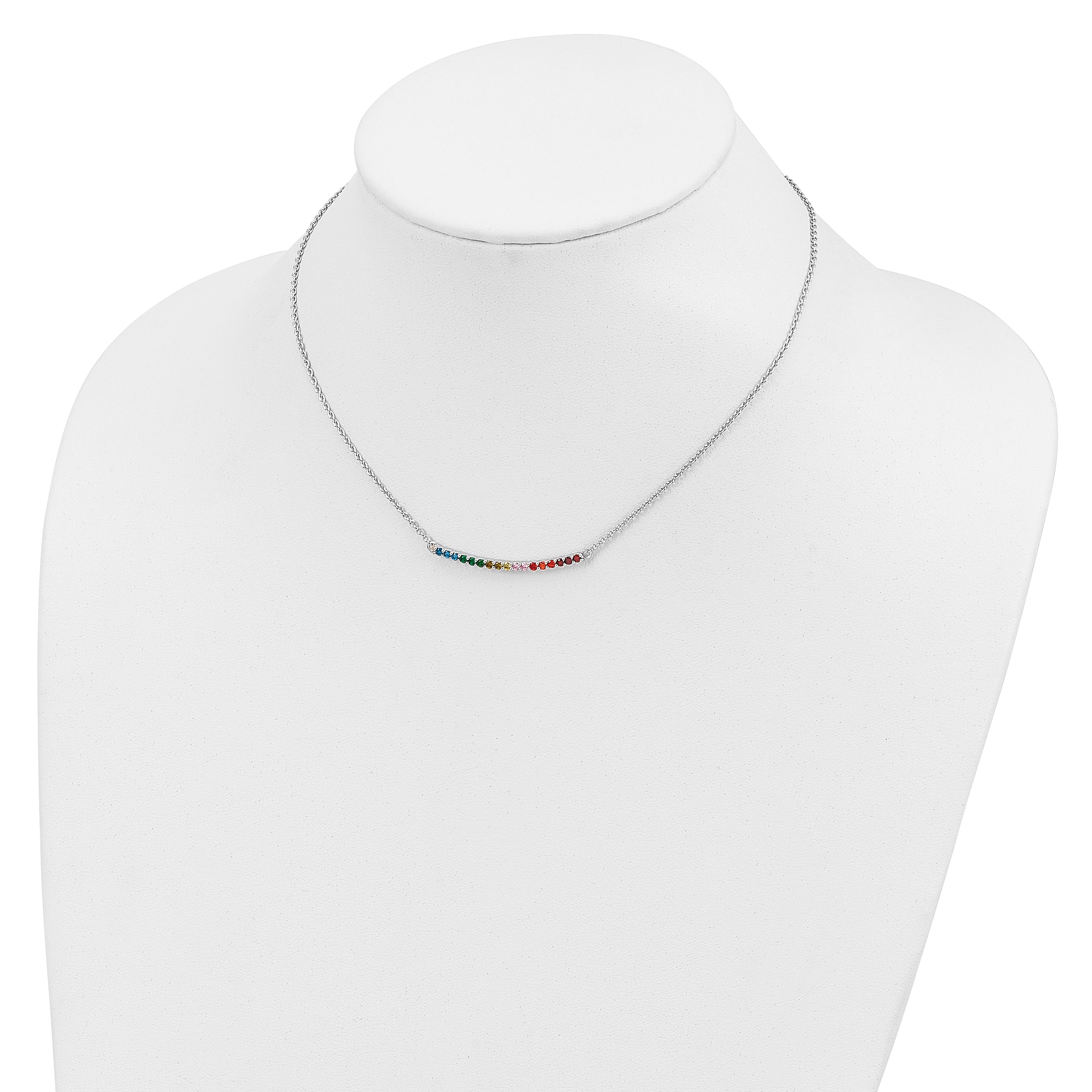 Prizma Sterling Silver Rhodium-plated 18 inch Colorful CZ Curved Bar Necklace